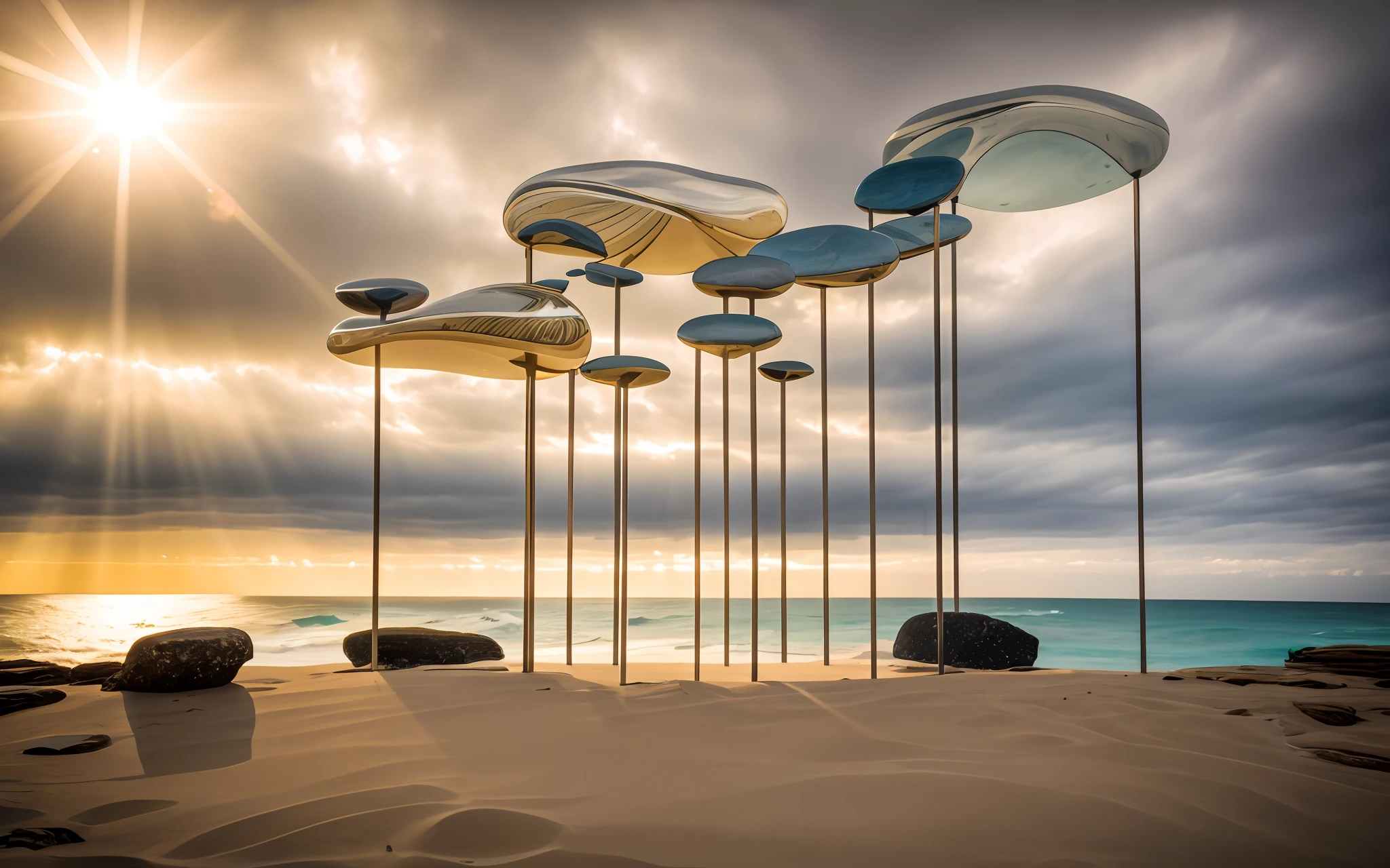 Sculptures by the sea，There is a reflection of light，There is no sandy beach，Next to the sea is a mountain of stone，RAW photo of the landscape，small detailed，realisticlying，ultra real photo，8K  UHD，Digital SLR，softlighting，high high quality，filmgrain，Fujifilm XT3，（tmasterpiece）