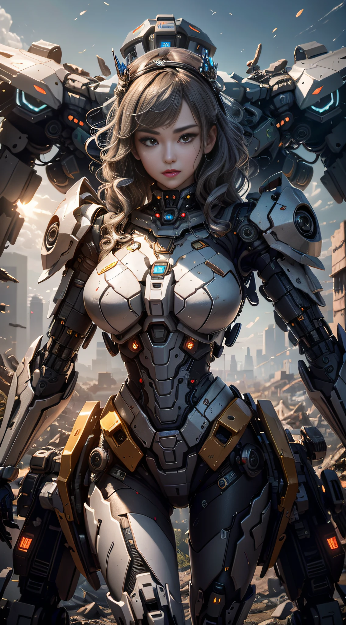((Best Quality)), ((Masterpiece)), (Very Detailed: 1.3), 3D, Shitu-mecha, Beautiful cyberpunk woman wearing crown with her mecha in ruins of a city in forgotten war, long silver hair, sci-fi technology, HDR (High Dynamic Range), ray tracing, nvidia RTX, super resolution, unreal 5, subsurface scattering, PBR texture, post-processing, anisotropic filtering, depth of field, maximum sharpness and sharpness, multi-layered texture, Albedo and specular mapping, surface shading, accurate simulation of light-material interactions, perfect ratios, octane rendering, duotone lighting, low ISO, white balance, rule of thirds, wide aperture, 8K RAW, high efficiency sub-pixels, subpixel convolution, luminous particles, light scattering, Tyndall effect