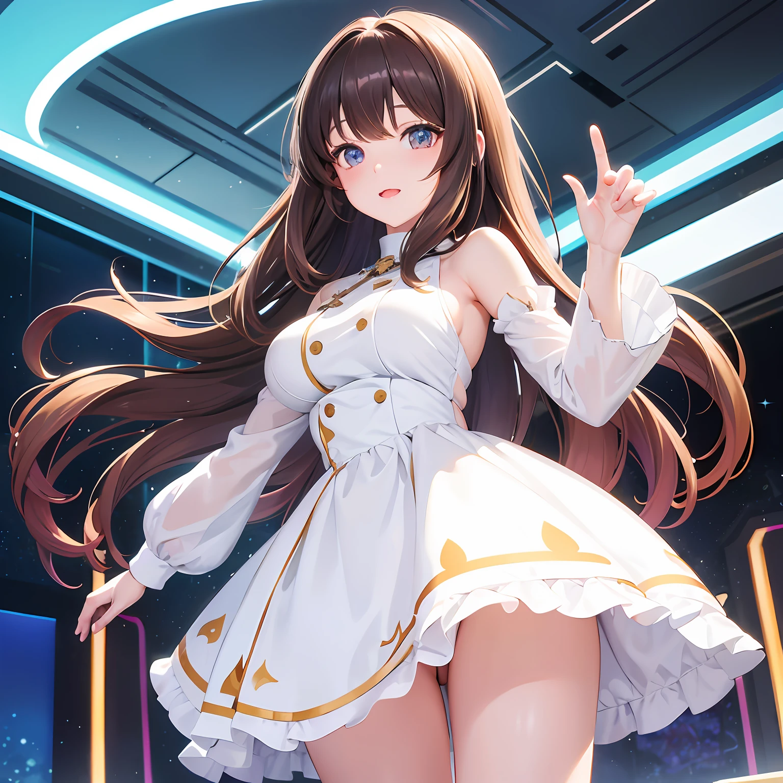 1girll，brunette color hair，long whitr hair，By bangs，Short white skirt，mature，anime big breast，full bodyesbian，facing away from the audience！nakeness，Look up at the sky， beautidful eyes， Nice face，radiantsmile， --auto