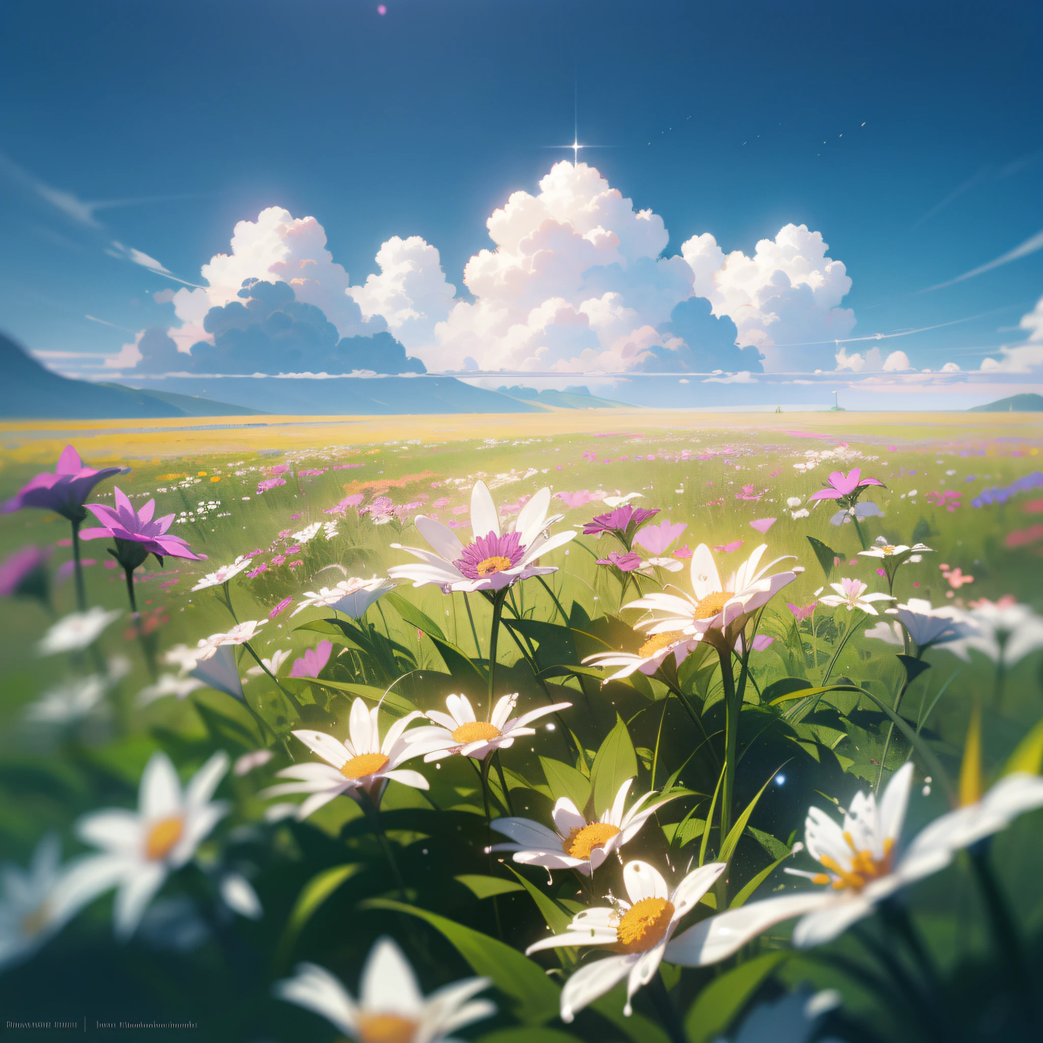 Summer, meadows, a few small flowers, heavenly views, large clouds, blue skies, hot weather, HD detail, wet watermarks, hyper-detail, cinematic, surrealism, soft light, deep field focus bokeh, ray tracing, and surrealism.