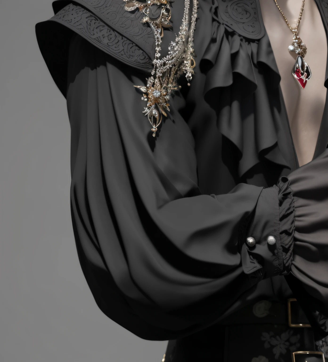 Black traditional shirt, lantern-like sleeves, gorgeous, convoluted, arms bent, with natural folds, bloom, ((cold light)), sharp focus, photo realistic, detailed skin, background out of focus, cinematic composition , ultra-detailed, realistic , hyper-realistic , volumetric lighting, 8k, trending on artstation