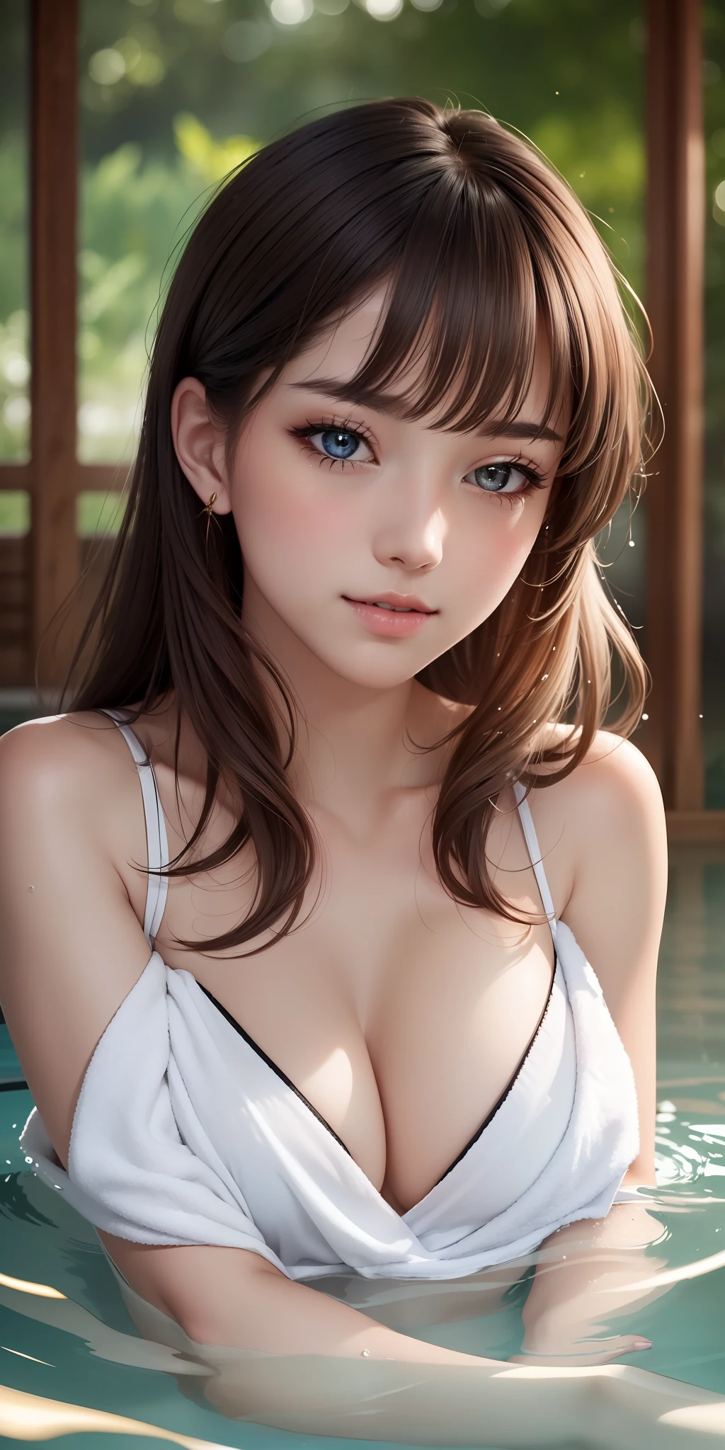 (8K), (Best Quality: 1.2), (Realistic), (Photorealistic: 1.37), Ultra High Definition, 1 Girl, Closed Mouth, Beautiful Details, Beautiful Nose in Detail, Best Image Quality, Outstanding Detail, Ultra High Resolution, Prefer Detail, Highly Condensed 1girl, Delicate and Beautiful Face, Long Hair, Tousled Hair, Japan Hot Spring, Take out of the water, Wrap your whole body tightly with a bath towel, big, blush, cleavage