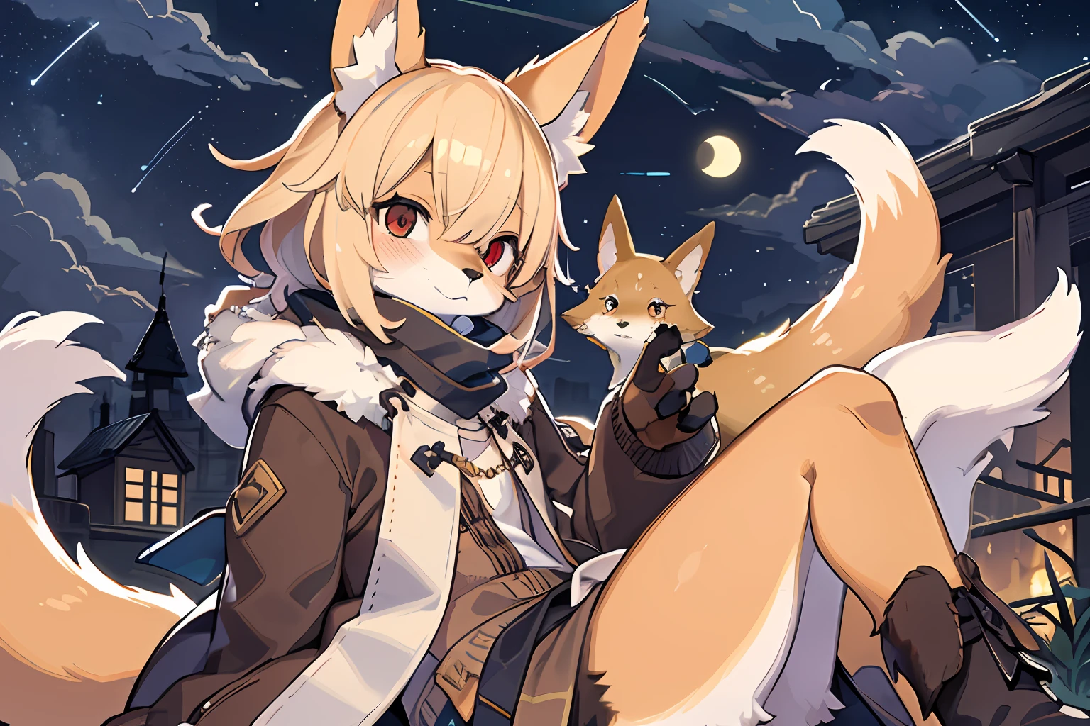 Fox Boy,Shota,hairy pubic,shaggy,Smoothes lashes,Skin fur,Golden fur,Short hair in men,Forelimb hands, solid circle eyes,Golden ears,Golden face fur , Short blonde hair,Red eyes,Super cute face,Brown elements on fur,Brown coat brown hood up,Star jacket,Ambient light,Ultra-fine fur,volumettic light,Night,natural lightting,fox tails,Fluffy tail,Furry tail,nevando,Night,A sky full of stars,Seawall side,crossed bangs, Hairline, Shiny hair,Empty eyes,35mm,sharp talons。High quality, high detal, Best quality, hyper HD, Dark brown gloves,Red and black diamond scarf,individual ,A half body