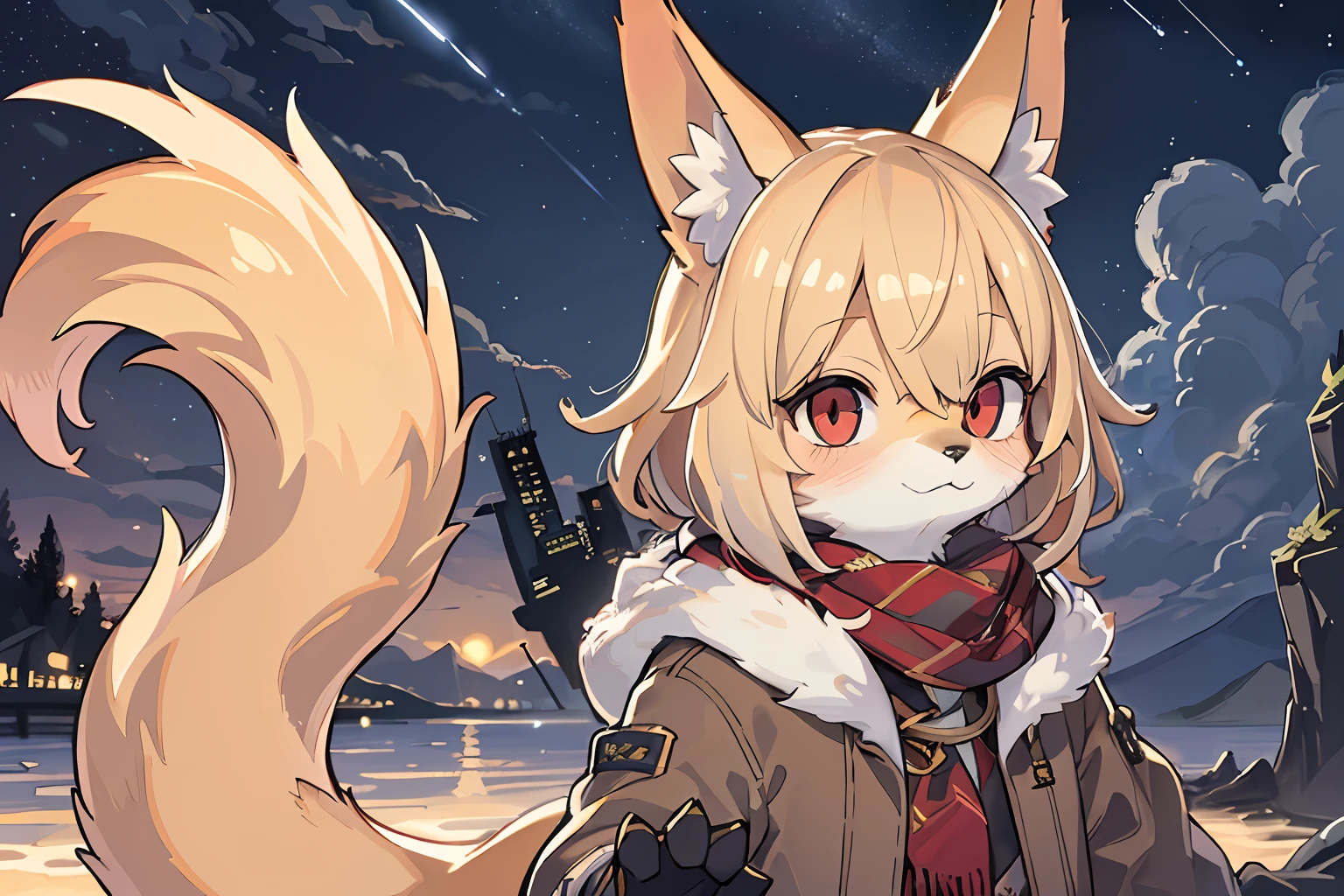Fox Boy,Shota,hairy pubic,shaggy,Smoothes lashes,Skin fur,Golden fur,Short hair in men,Forelimb hands, solid circle eyes,Golden ears,Golden face fur , Short blonde hair,Red eyes,Super cute face,Brown elements on fur,Brown coat brown hood up,Star jacket,Ambient light,Ultra-fine fur,volumettic light,Night,natural lightting,fox tails,Fluffy tail,Furry tail,nevando,Night,A sky full of stars,Seawall side,crossed bangs, Hairline, Shiny hair,Empty eyes,35mm,sharp talons。High quality, high detal, Best quality, hyper HD, Dark brown gloves,Red and black diamond scarf,individual ,A half body