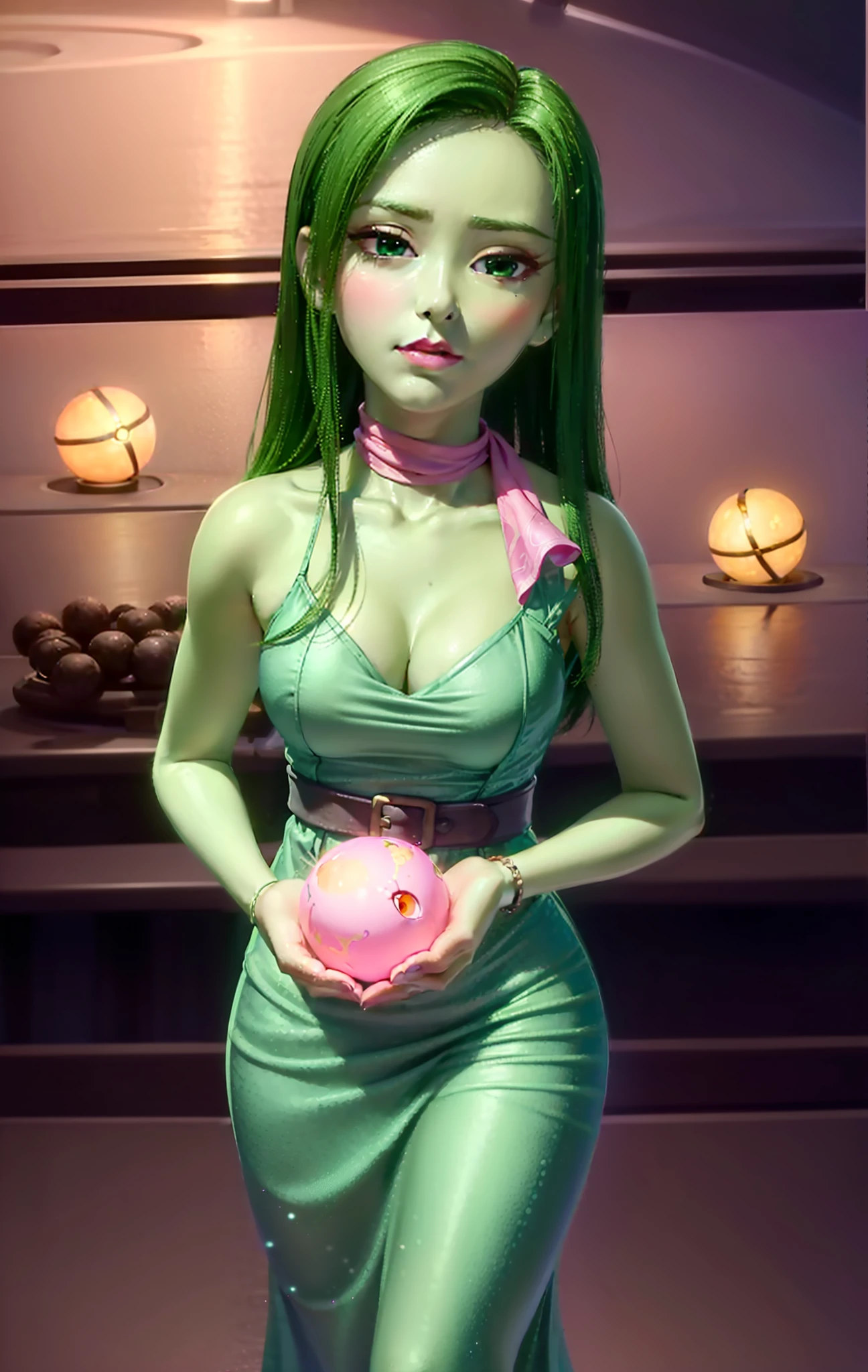 Masterpiece, Best Quality, Pixar, cartoony, 3D Rendering, small breasts, 1girl, (Disgust_Inside Out, light green skin ), (dark green dress without sleeves), curvaceous and slender, big head, (green long hair reaching to the shoulders), (green long eyelashes), green eyes, (pink eye shadow), Buck teeth, (pink scarf tied around neck),( mint green belt with a buckle shaped like a D), (dark green thights),( pink ballet slippers), (emits a weak green light), (parted lips:1.4), (nose blush:1.2), breasts visible, Showing breasts, (cinematic lighting), ((detailed background of a glowing ball pit)), ((high-angle view)), (((three-quarter view))), (half body shadow), [backlighting], [crepuscular ray], [detailed ambient light], [gray natural lighting], [ambient light on the belly], (higher wildlife feral detail), [explict content], [sharp focus], (questionable content), (shaded), ((masterpiece), Commission for High Res, masterpiece, best quality, detailed image, bright colors, detailed face, perfect lighting, perfect shadows, perfect eyes, girl focus, flawless face, gorgeous body, shiny body, center focus, gaze at the viewer, 1girl, solo, (masterpiece:1.21), (best quality:1.2), (illustration:1.2), (cinematic lighting:1.3), balanced coloring, global illumination, ray tracing, good lighting, cleavage, attractive body, sexy body, looking at viewer, detailed face, SFW, detailed eyes, Pixar artstyle, small breasts