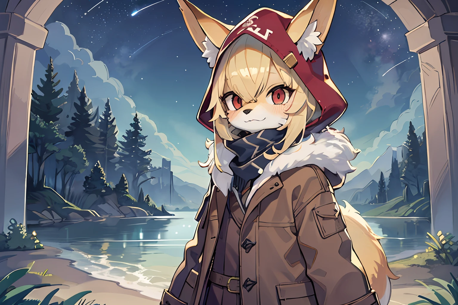 Fox Boy，Shota，hairy pubic，shaggy，Smoothes lashes，Skin fur，Golden fur，Short hair in men，Forelimb hands， solid circle eyes，Golden ears，Golden face fur , Short blonde hair，Red eyes，Super cute face，Brown elements on fur，Brown coat brown hood up，Star jacket，Ambient light，Ultra-fine fur，volumettic light，Night,natural  lightting，fox tails，Fluffy tail，Furry tail，nevando，Night，A sky full of stars，Seawall side，crossed bangs, Hairline, Shiny hair，Empty eyes，35mm，sharp talons。High quality, high detal, Best quality, hyper HD， Dark brown gloves，Red and black diamond scarf，individual ，A half body