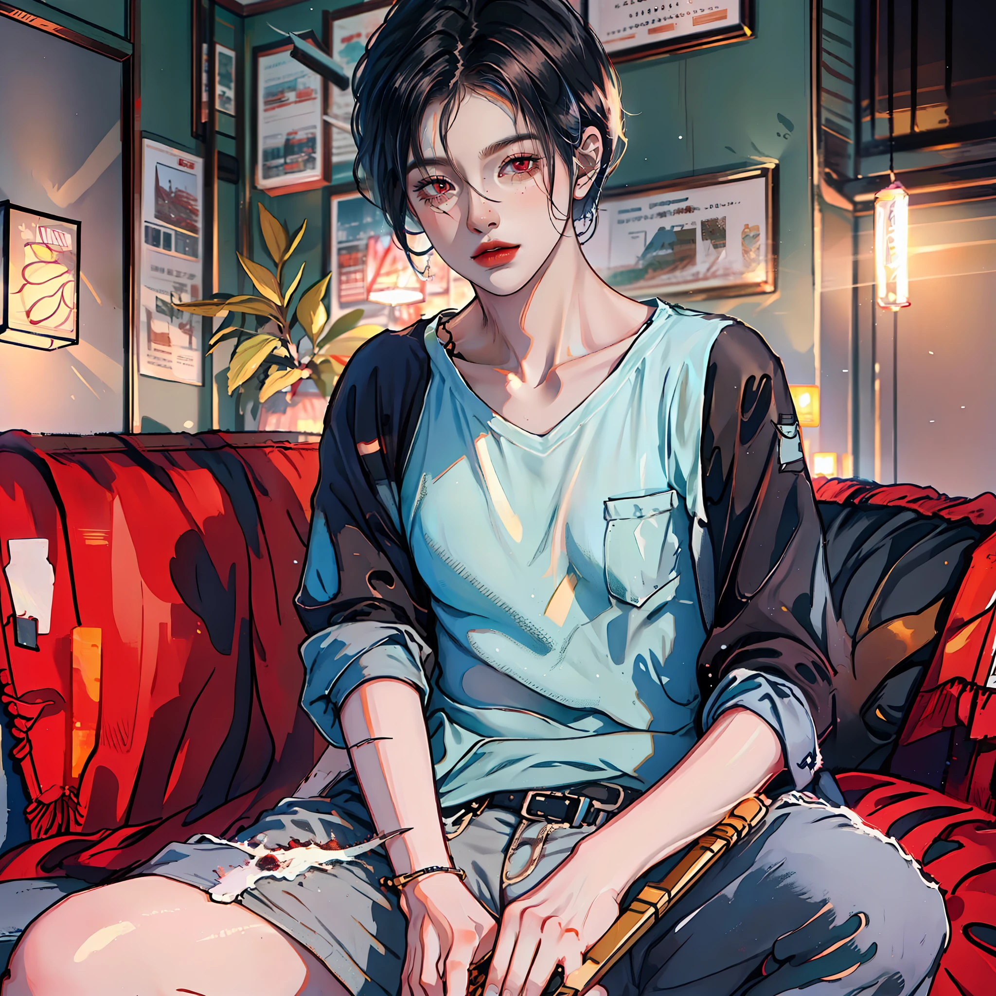 A 20-year-old man, dressed in casual clothes, sitting on a sofa, holding a fruit knife in his hand, short black hair, red eyes, messy room, lighting, 8k, high quality, high resolution