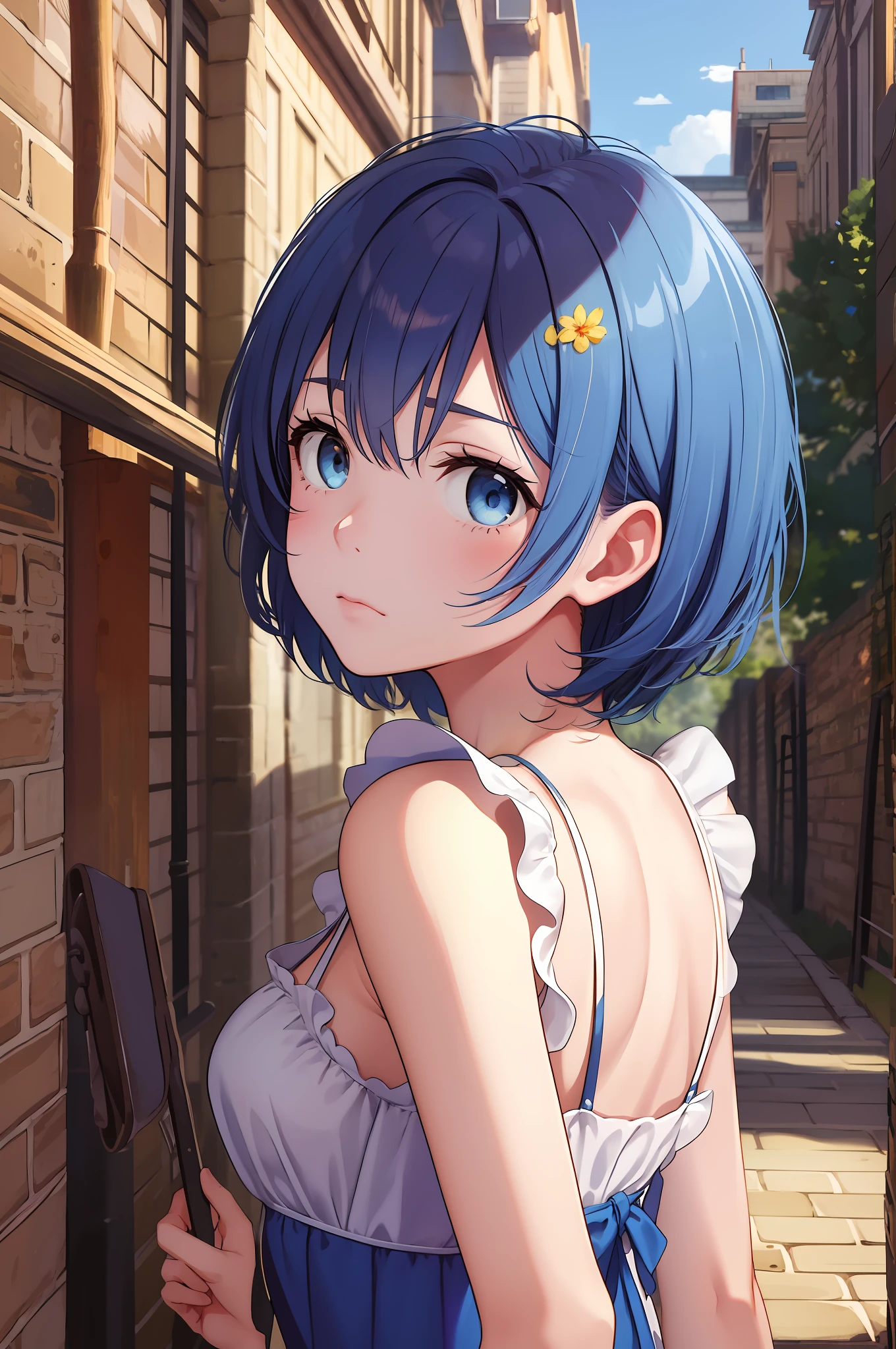 masterpiece, best quality, absurdres, perfect anatomy, 1girl, solo, blue eyes, short hair blue hair, from behind, sundress, yellow sundress, garden, day, sunshine, sad girl, looking back