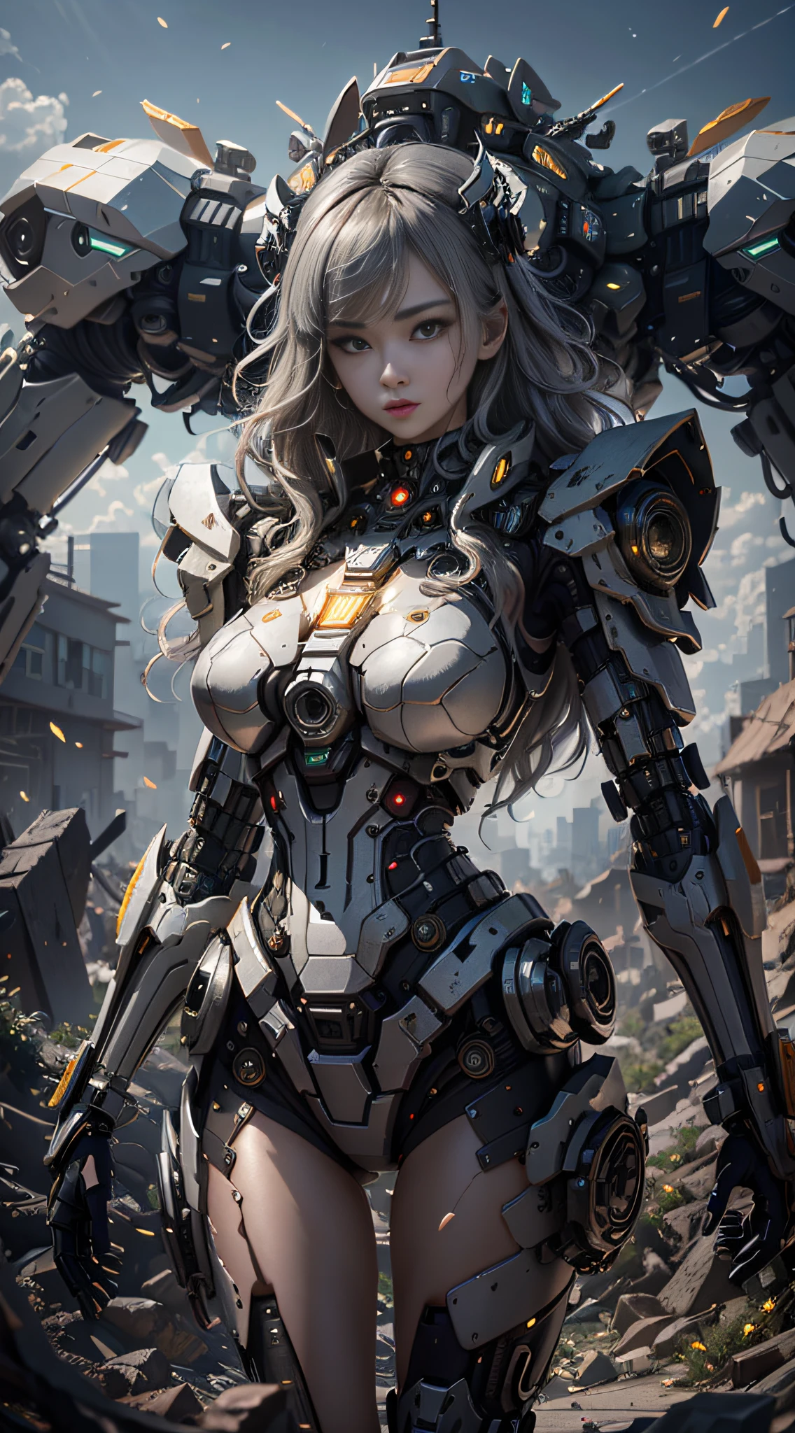 ((Best Quality)), ((Masterpiece)), (Very Detailed: 1.3), 3D, Shitu-mecha, Beautiful cyberpunk woman wearing crown with her mecha in ruins of a city in forgotten war, long silver hair, sci-fi technology, HDR (High Dynamic Range), ray tracing, nvidia RTX, super resolution, unreal 5, subsurface scattering, PBR texture, post-processing, anisotropic filtering, depth of field, maximum sharpness and sharpness, multi-layered texture, Albedo and specular mapping, surface shading, accurate simulation of light-material interactions, perfect ratios, octane rendering, duotone lighting, low ISO, white balance, rule of thirds, wide aperture, 8K RAW, high efficiency sub-pixels, subpixel convolution, luminous particles, light scattering, Tyndall effect