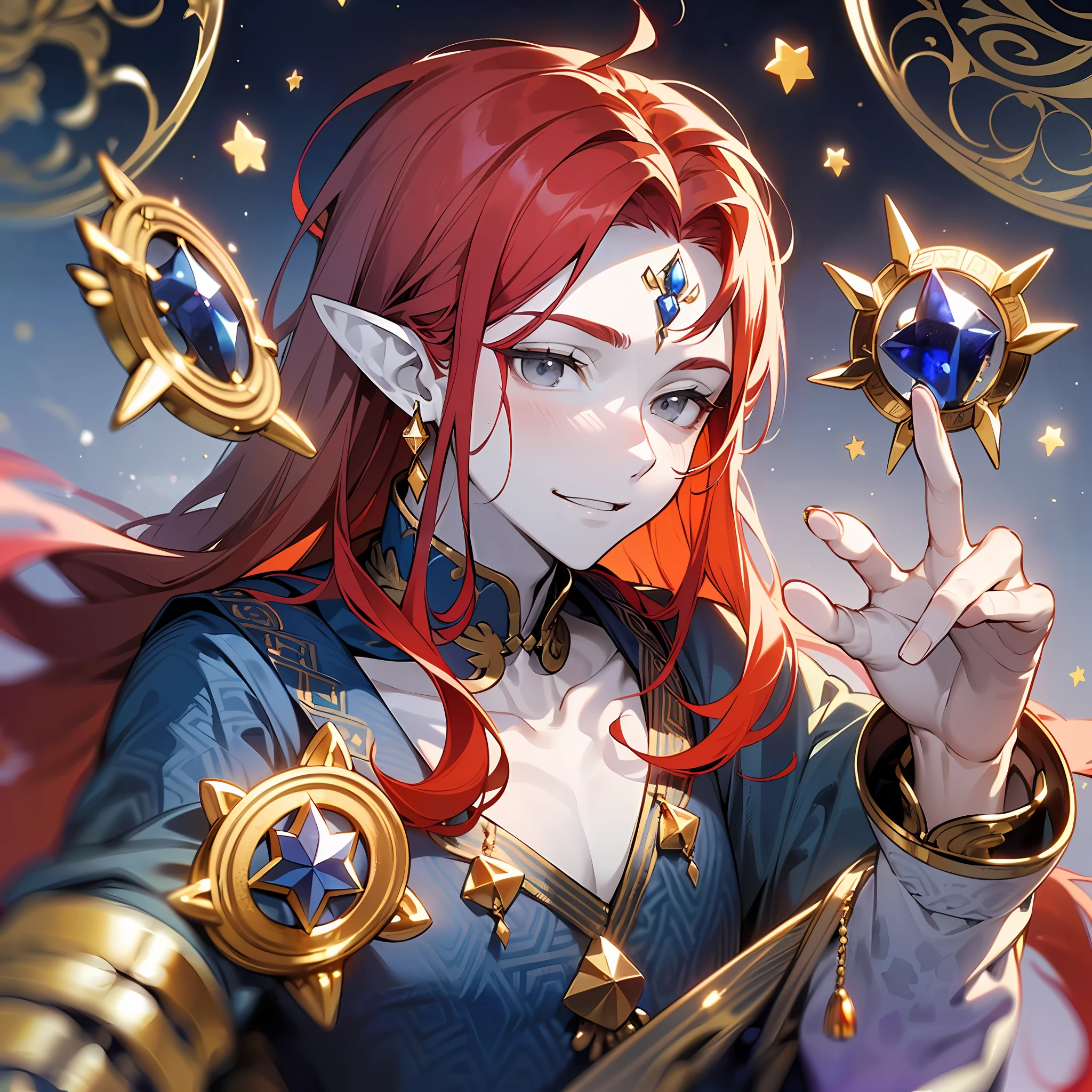 young woman, pale one young man, (((male))), (((man))), (((one person))), (((single))), (((solo))), 1guy, (((very pale skin))), ((pale skin)), (((red hair))), ((red colored hair)), (((grey colored eyes))), long hair, slim body, ((flat chest)), ((wearing fantasy clothes)), ((fantasy style)), (((indigo colored clothes))), (((indigo clothes))), ((black colored clothes)), ((golden details)), ((patterns on clothes)), (((fantasy patterns on clothes))), (((magical patterns on clothes))), ((wearing golden accessories in hair)), ((golden jewellery)), ((pointy ears)), (((grey eyes))), smooth skin, (stars decoration), sun moon decoration, magic, (((male face))), masculine face, smiling, (((casting a magic spell))), (((casting a spell))), sorcerer
