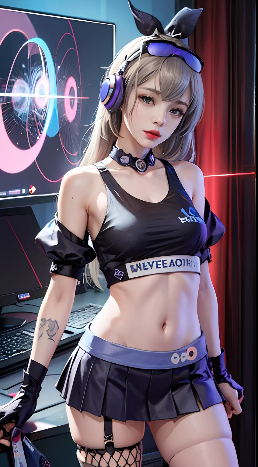 ((((7 avatar shots)))),Silver Wolf,tmasterpiece,best qualtiy,ultra - detailed,Extremely detailed 16k CG wallpaper,beauitful face,(Silver wolves in an esports room),(Perfect Beautiful Curved Figure),sitted,Rainbow Color Jewel Eyes,Wearing a resin holographic sports bra,A crop top drapes,Mini pleated skirt,Bell collar,O logo,Impotence,outline light,concert,neonlight,audio,Bell collar,eSports headphones,Computer,E-sports room,playing game,White interior through red skin,holographic projections,Flat sphere,Graffiti logo,Highly detailed tattoos_,best qualtiy,ultra - detailed,Extremely detailed 16k CG wallpaper