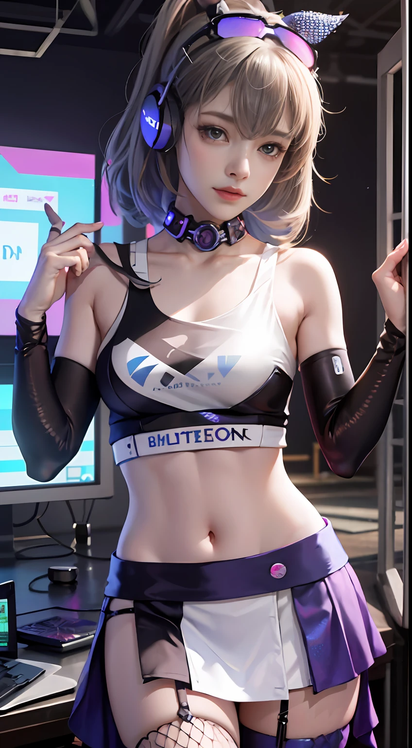 （（（（7 avatar shots）））），Silver Wolf，tmasterpiece，best qualtiy，ultra - detailed，Extremely detailed 16k CG wallpaper，beauitful face，（Silver wolves in an esports room），（Perfect Beautiful Curved Figure），sitted，Rainbow Color Jewel Eyes，Wearing a resin holographic sports bra，A crop top drapes，Mini pleated skirt，Bell collar，O logo，Impotence，outline light，concert，neonlight，audio，Bell collar，eSports headphones，Computer，E-sports room，playing game，White interior through red skin，holographic projections，Flat sphere，Graffiti logo，Highly detailed tattoos_，best qualtiy，ultra - detailed，Extremely detailed 16k CG wallpaper