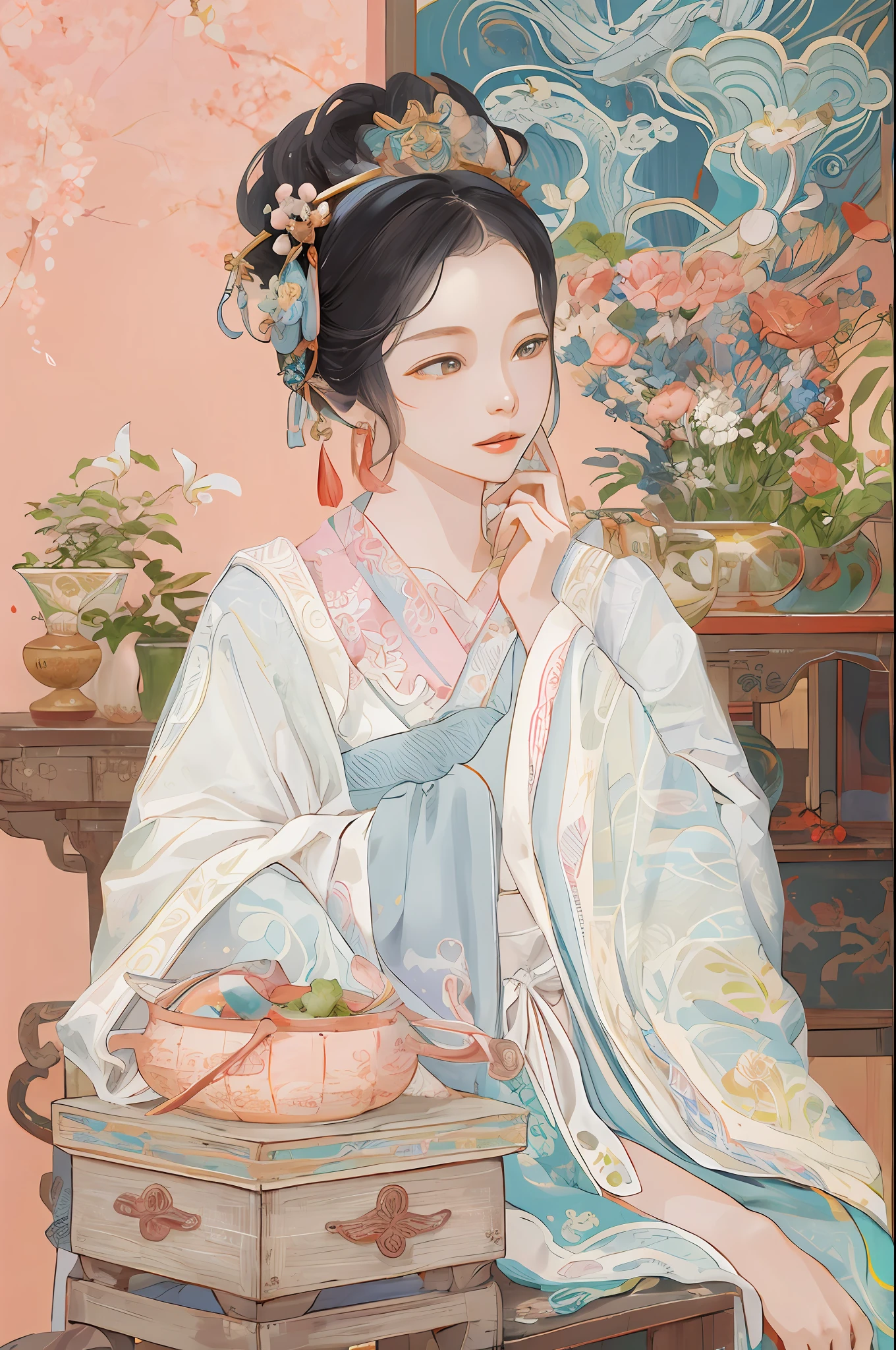 Painting a woman in a blue dress sitting on a stool, Palace , A girl in Hanfu, Inspired by Qiu Ying, ancient chinese beauti, author:Qiu Ying, inspired by Tang Yin, author:Li Fangying, author:Qu Leilei, ancient china art style, Wearing ancient Chinese clothes, author:Yu Zheding, Hanfu, author:Xu Xi