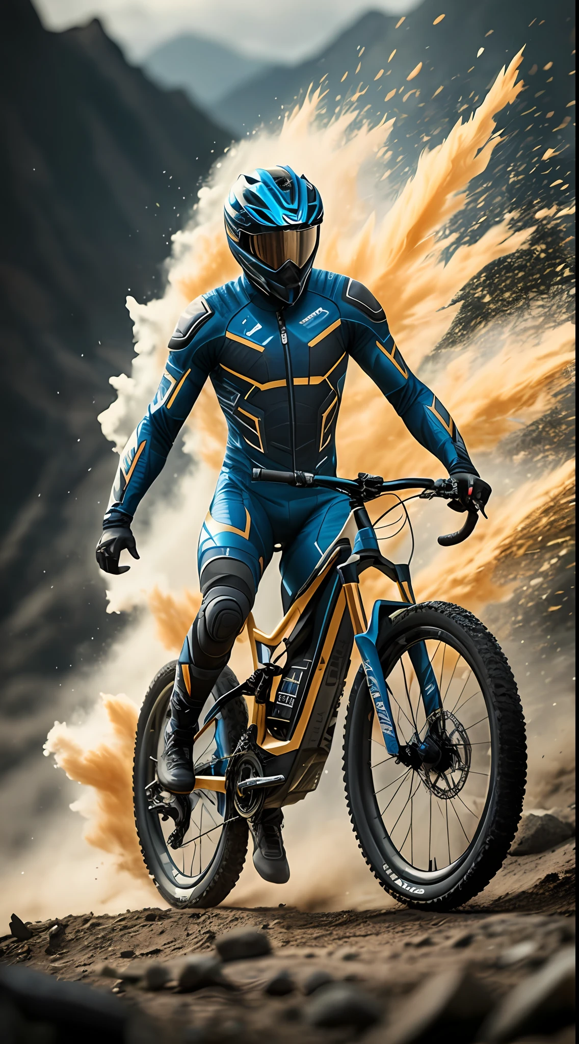 Close-up of a person riding a bicycle on a dirt road, HEV suit, مسبك Mountain biking, Daniel Midman Octane Presentation, Action Sports, Futuristic clothes and helmet, 3D Octane Cycle Unreal Engine 5, 3 D Cycle Octane Unreal Drive 5, High octane rendering, Blue gold suit, 3D High Octane Rendering, Man in a dark blue full body suit