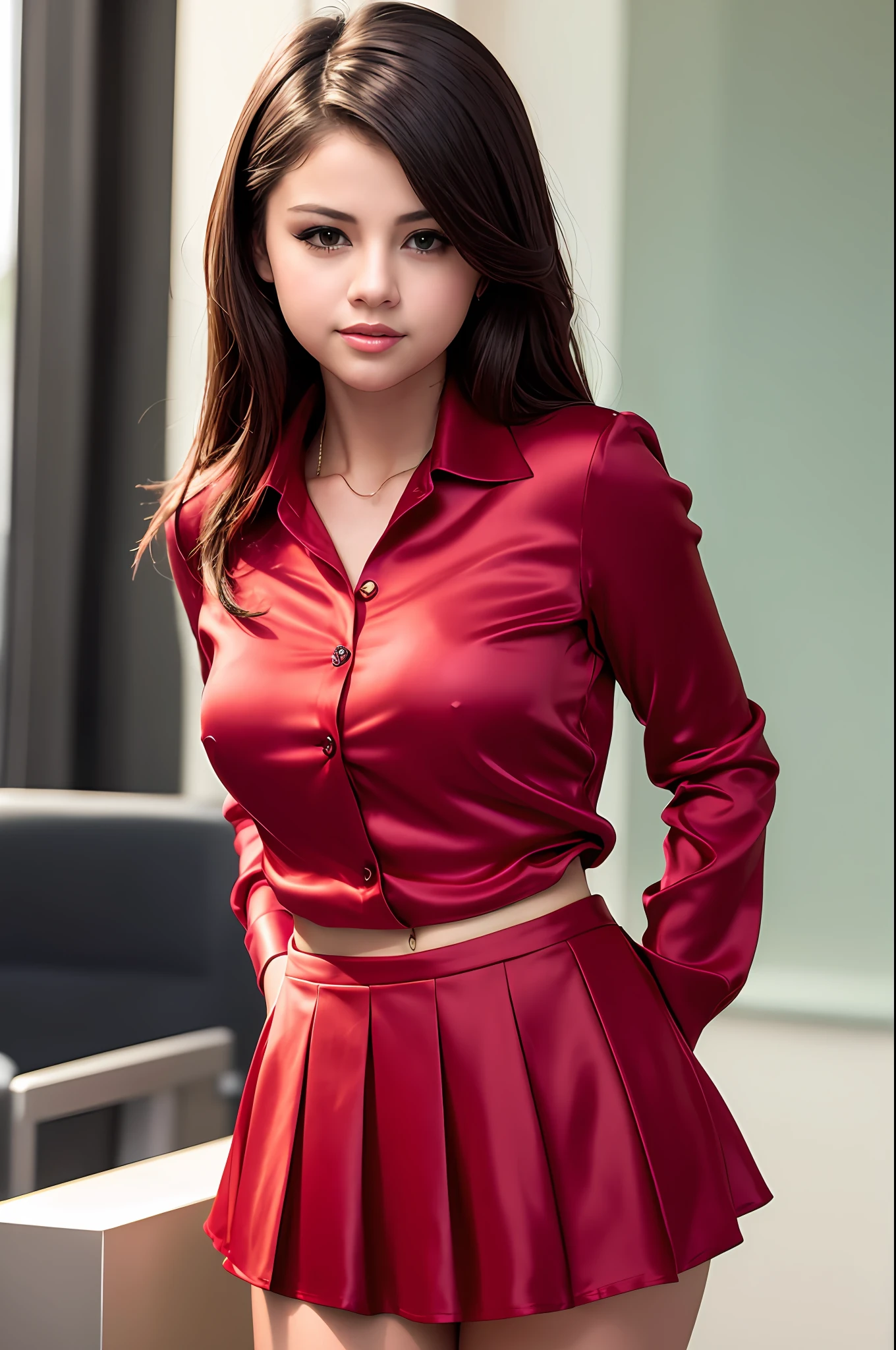 Selena Gomez,  masterpiece, HD, photorealistic, smiling, seductive, office wear, wearing office clothes, (( dark green tight button silk blouse)), ((black)) work pants,