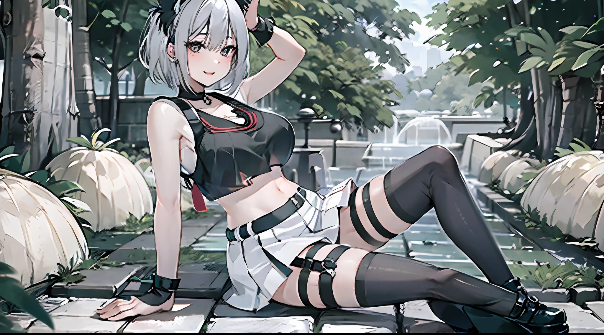 1 beautiful tomboy girl with big breast short hair Ted white hair, black tank top black short skirt black cap black stocking white shoes,happy smile,full body,hand raised, legs open,sit pose,looking to camera