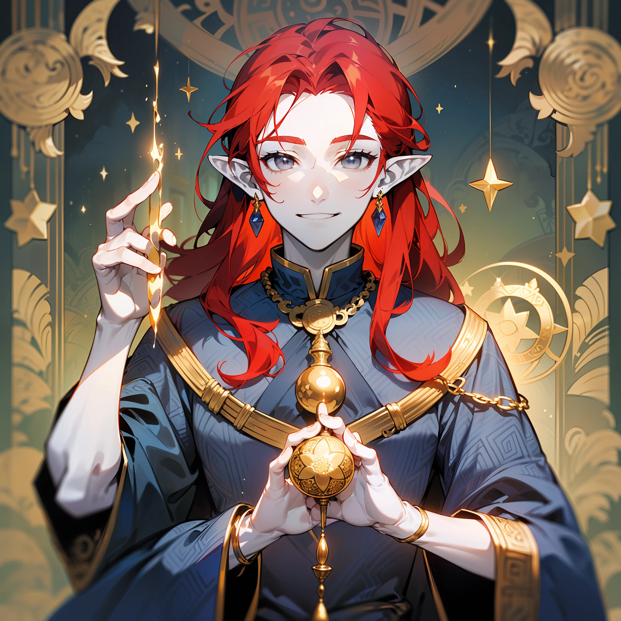 pale one young man, (((male))), (((man))), (((one person))), (((single))), (((solo))), 1guy, (((very pale skin))), ((pale skin)), (((red hair))), ((red colored hair)), (((grey colored eyes))), long hair, slim body, ((flat chest)), ((wearing fantasy clothes)), ((fantasy style)), (((indigo colored clothes))), (((indigo clothes))), ((black colored clothes)), ((golden details)), ((patterns on clothes)), (((fantasy patterns on clothes))), (((magical patterns on clothes))), ((wearing golden accessories in hair)), ((golden jewellery)), ((pointy ears)), (((grey eyes))), smooth skin, (stars decoration), sun moon decoration, magic, ((male face)), smiling, (((casting a magic spell))), (((casting a spell))), sorcerer