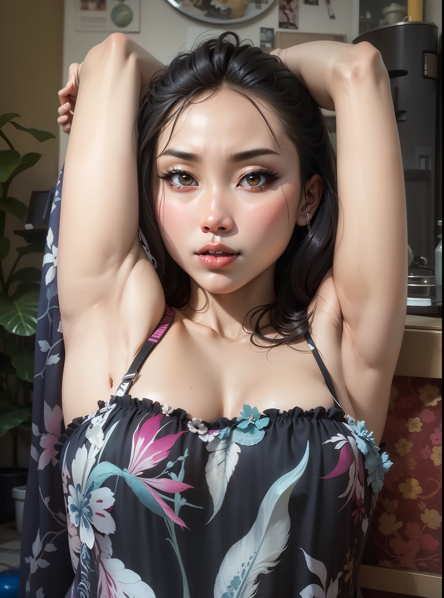 Hot exotic indonesian woman with arms strechcing and armpits exposed above her head.