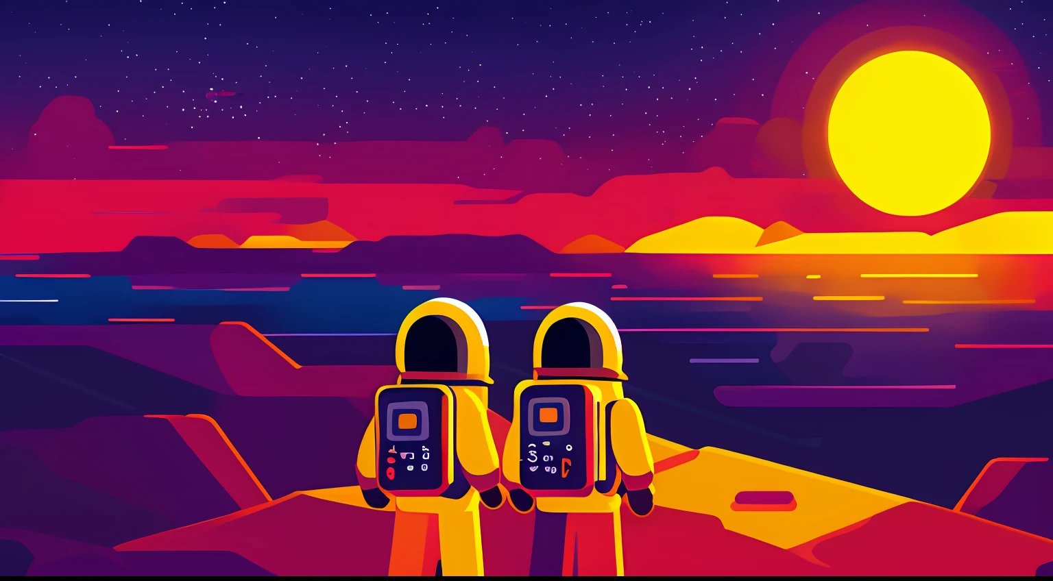 people,sun,sea,mountain,yellow sky,two sun,red sea,astronaut,
vector art, Kurzgesagt, sharp focus, (HDR), (8k), (gigapixel), ((masterpiece))