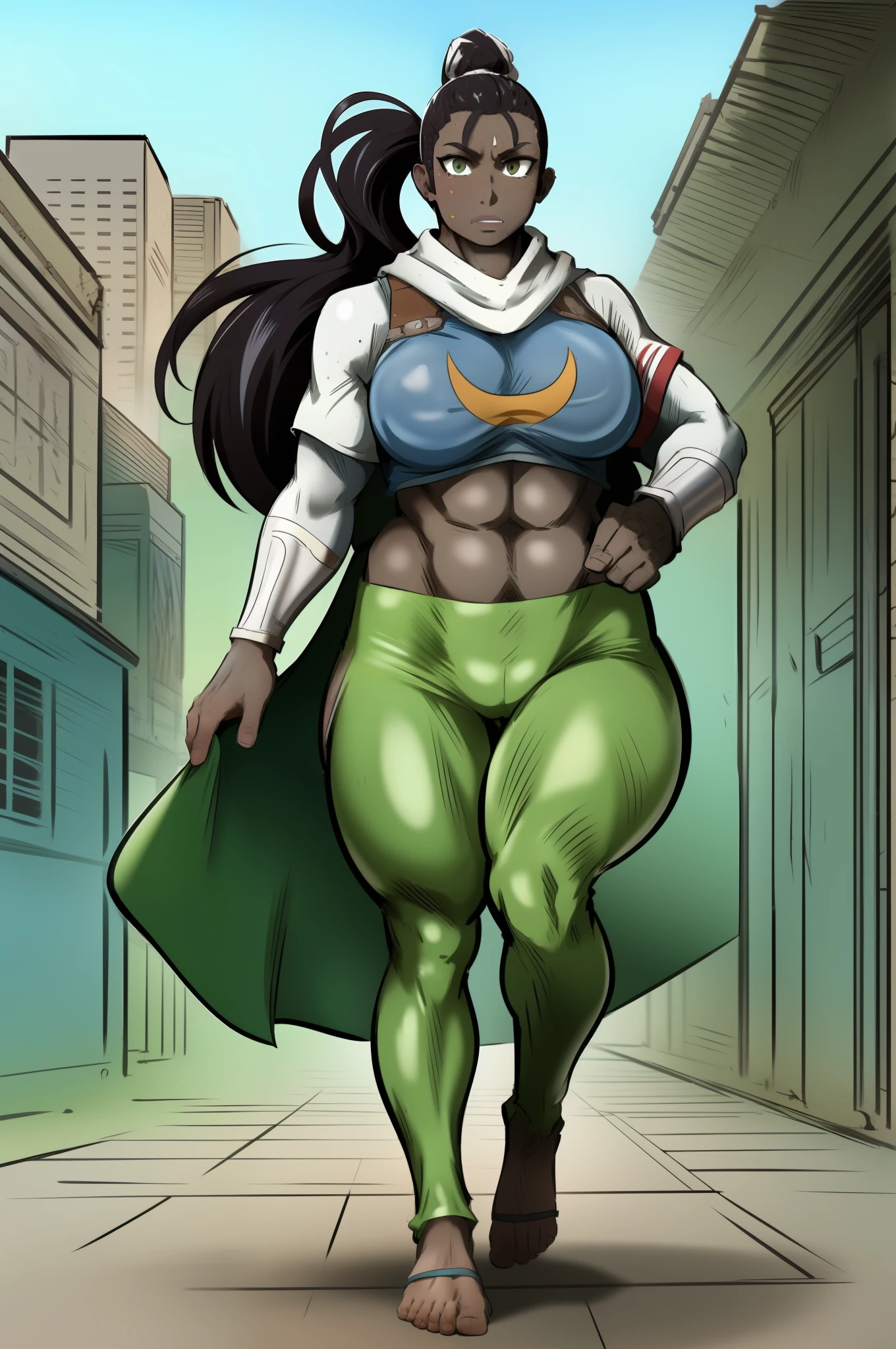 muscle girl,huge breats,personagem tem uma pele escura,, cabelo preto com um moicano branco, , The character is wearing green pants, imagem frontal de um personagem musculoso, protagonista de anime, personagem heroico e poderoso. wearing kimono,, walking, full body, medieval village, cape ,scarf, vest, alone, full body,wearing kimono smile, flip flops