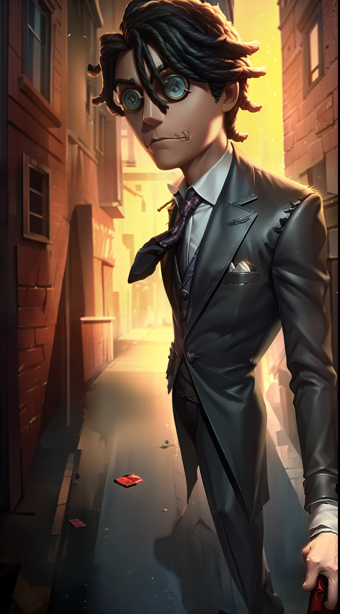 Top image quality、​masterpiece、8K、Short-haired thin man in black suit（red necktie、pistol）、Button Eye、realisitic、dark alley、Slight lighting、Running、taken from the under