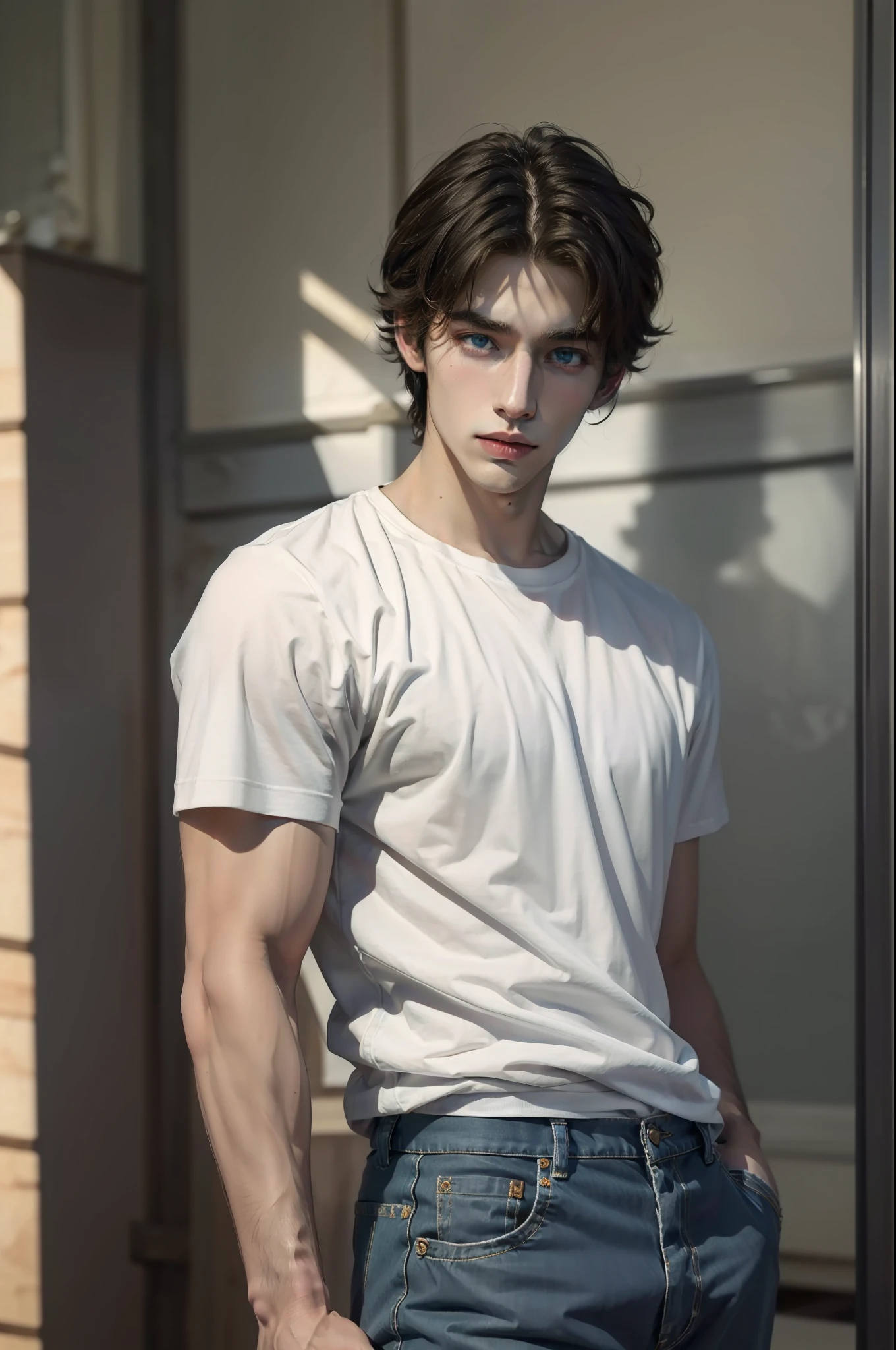 (masterpiece),(bestquality:1.0), (ultra highres:1.0), detailed illustration, 10, Handsome young prince,musculine,White loose t-shirt,Sir Young,handsome,28yo,Fine Skin,blue eyes,luxury style