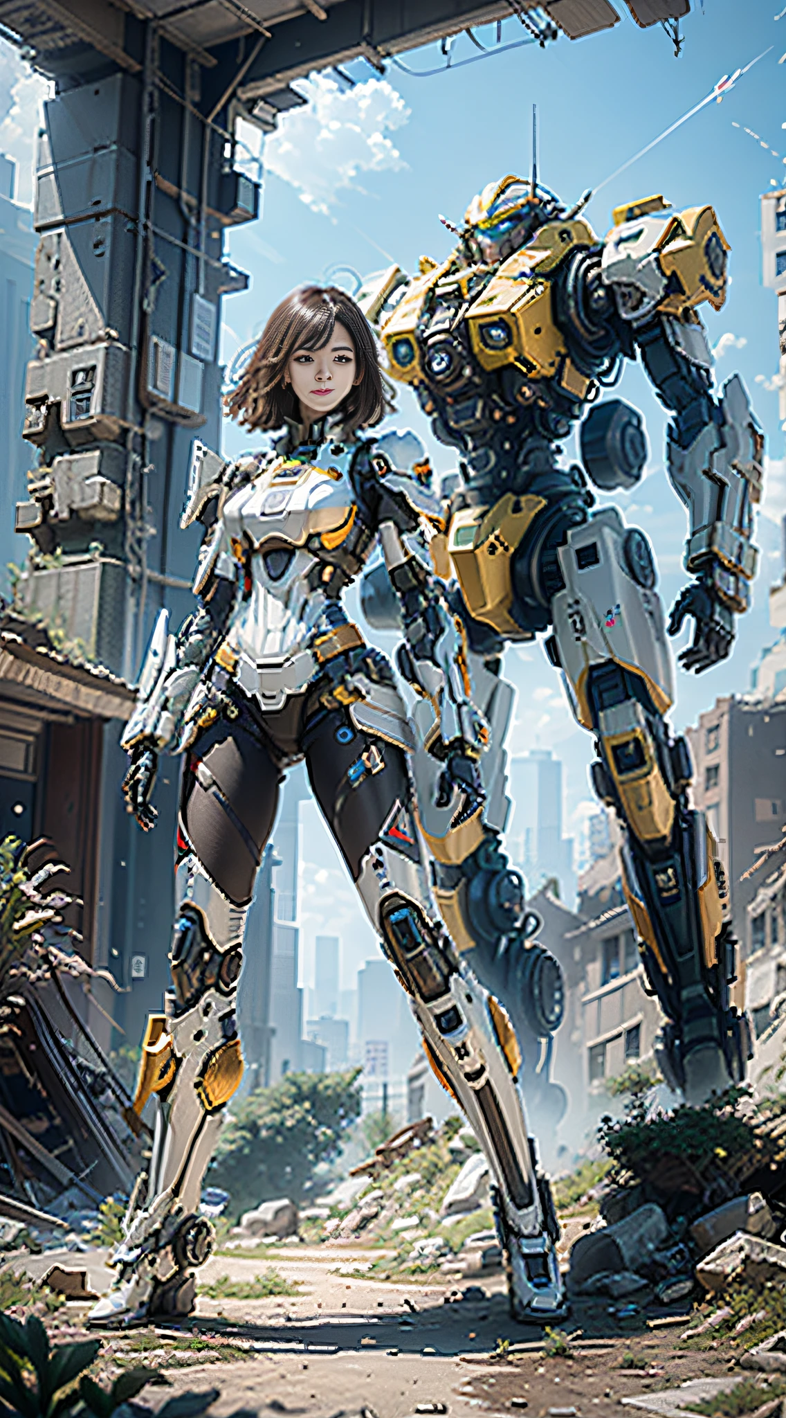 ((Best quality)), ((masterpiece)), (highly detailed:1.3), 3D,Shitu-mecha, beautiful cyberpunk women with her mecha in the ruins of city from a forgoten war, ancient technology,HDR (High Dynamic Range),Ray Tracing,NVIDIA RTX,Super-Resolution,Unreal 5,Subsurface scattering,PBR Texturing,Post-processing,Anisotropic Filtering,Depth-of-field,Maximum clarity and sharpness,Multi-layered textures,Albedo and Specular maps,Surface shading,Accurate simulation of light-material interaction,Perfect proportions,Octane Render,Two-tone lighting,Low ISO,White balance,Rule of thirds,Wide aperature,8K RAW,Efficient Sub-Pixel,sub-pixel convolution,luminescent particles,light scattering,Tyndall effect