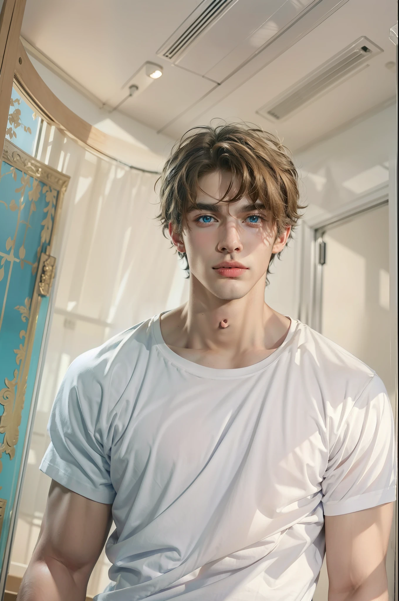 (masterpiece),(bestquality:1.0), (ultra highres:1.0), detailed illustration, 10, Handsome Boy,musculine,White loose t-shirt,Sir Young,handsome,28yo,Fine Skin,blue eyes