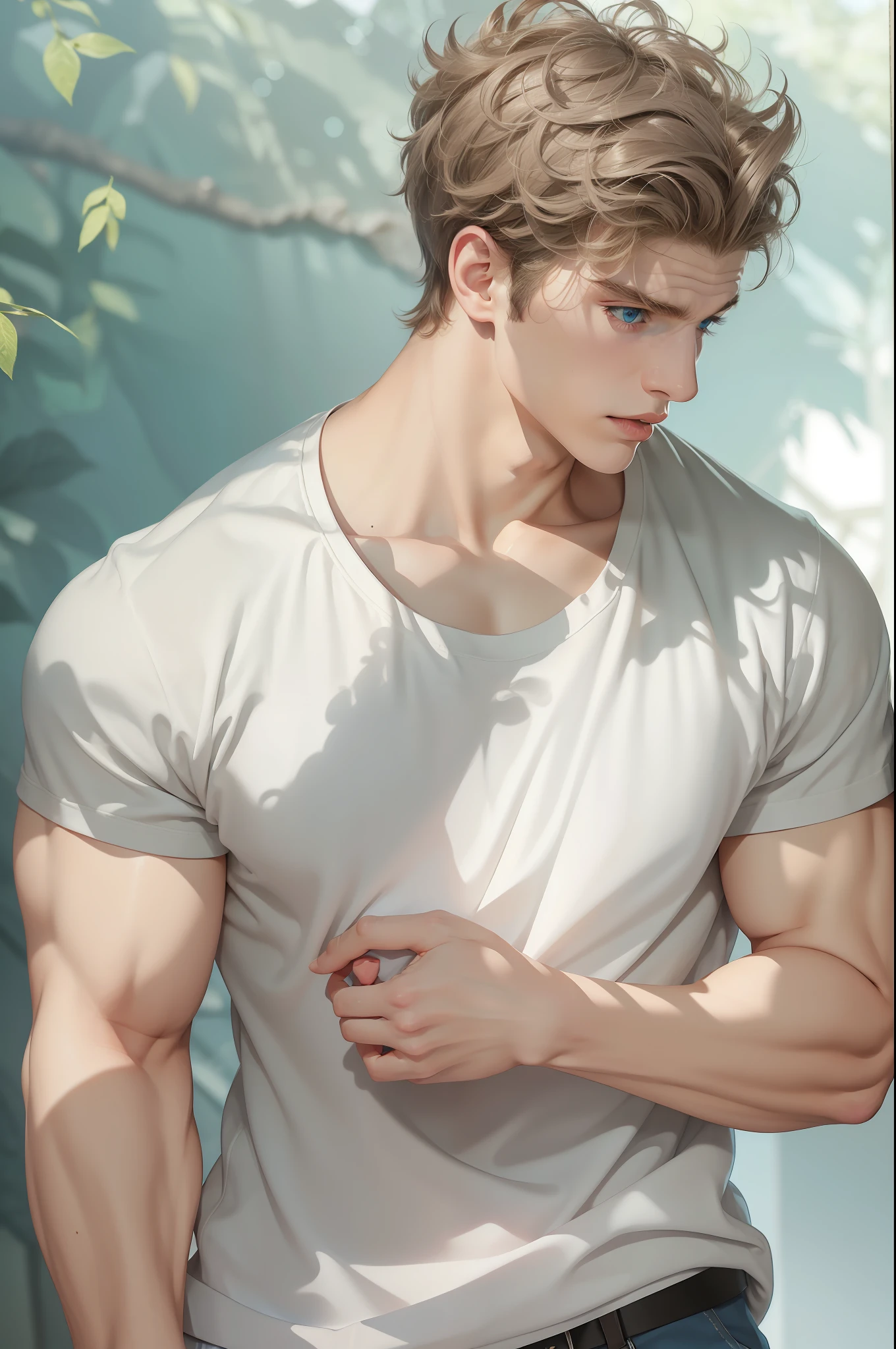 (masterpiece),(bestquality:1.0), (ultra highres:1.0), detailed illustration, 10, Handsome Boy,musculine,White loose t-shirt,Sir Young,handsome,28yo,Fine Skin,blue eyes