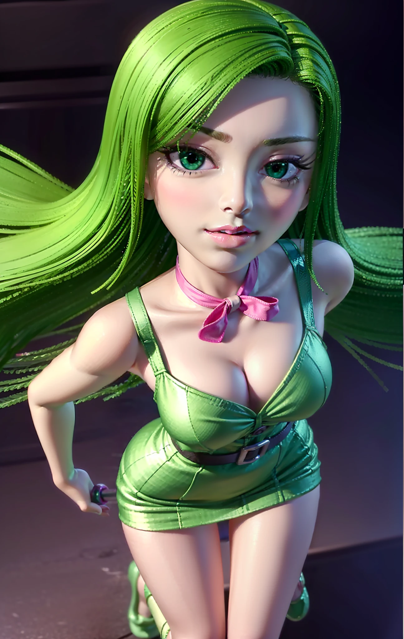 Masterpiece, Best Quality, Pixar, cartoony, 3D Rendering, small breasts, 1girl, (Disgust_Inside Out, light green skin ), (dark green dress without sleeves), curvaceous and slender, big head, (green long hair reaching to the shoulders), (green long eyelashes), green eyes, (pink eye shadow), Buck teeth, (pink scarf tied around neck),( mint green belt with a buckle shaped like a D), (dark green thights),( pink ballet slippers), (emits a weak green light), (parted lips:1.4), (nose blush:1.2), breasts visible, Showing breasts, (cinematic lighting), ((detailed background of a glowing ball pit)), ((high-angle view)), (((three-quarter view))), (half body shadow), [backlighting], [crepuscular ray], [detailed ambient light], [gray natural lighting], [ambient light on the belly], (higher wildlife feral detail), [explict content], [sharp focus], (questionable content), (shaded), ((masterpiece), Commission for High Res, masterpiece, best quality, detailed image, bright colors, detailed face, perfect lighting, perfect shadows, perfect eyes, girl focus, flawless face, gorgeous body, shiny body, center focus, gaze at the viewer, 1girl, solo, (masterpiece:1.21), (best quality:1.2), (illustration:1.2), (cinematic lighting:1.3), balanced coloring, global illumination, ray tracing, good lighting, cleavage, attractive body, sexy body, looking at viewer, detailed face, SFW, detailed eyes, Pixar artstyle, small breasts, small body, big eyes