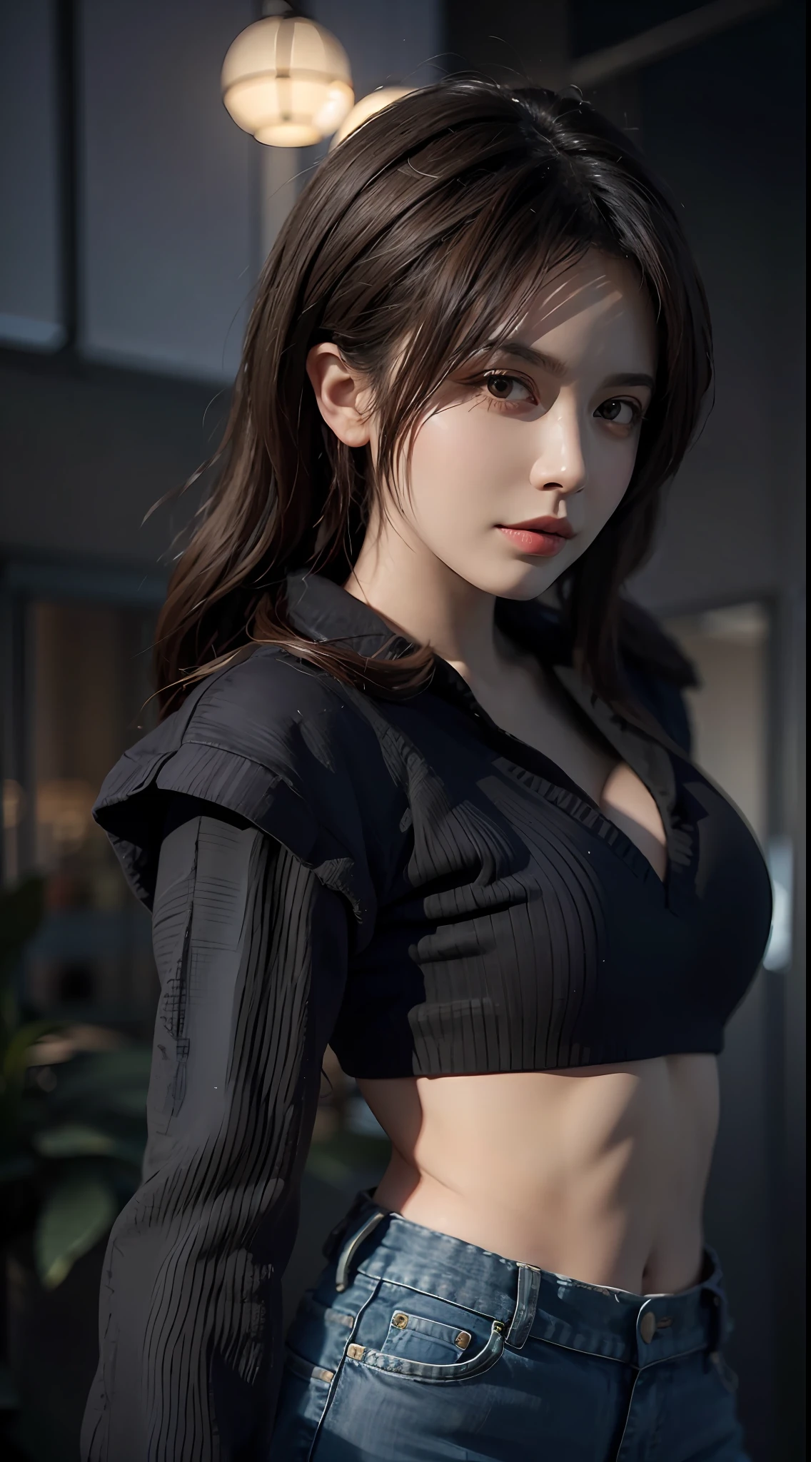 (Front Focus)、(in the darkness nigth:1.6)、Surreal female portrait、Fantasyart、photorealisim、动态照明、ArtStation、poster for、Volumetric Lighting、extra detailed face、4 K、panthyhose、shortpants、1girl in、in the darkness nigth、deep-shadows、length hair、A dark-haired、