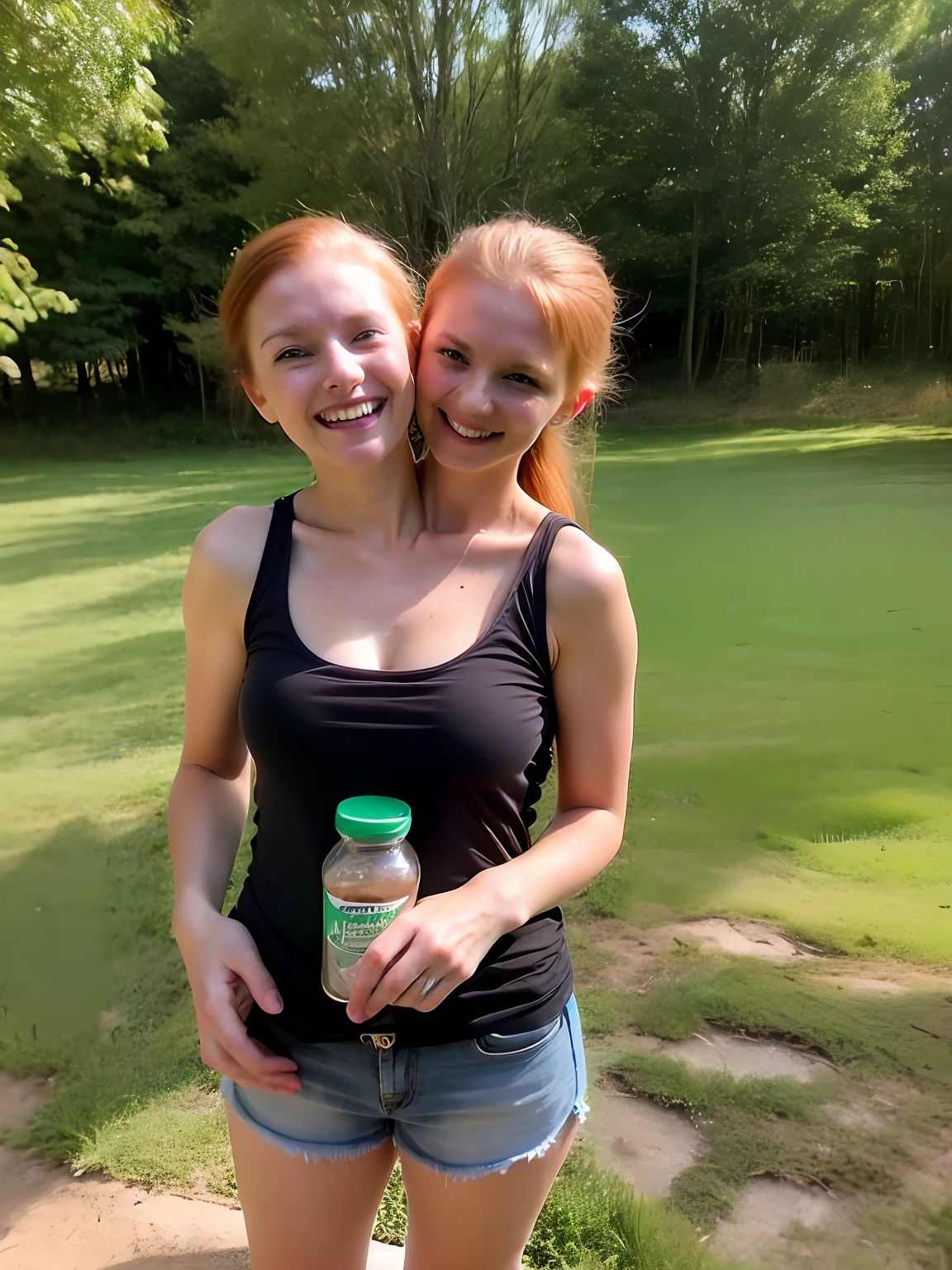 2heads, two headed girl, mom and daughter, (one is younger:1.5), (one torso:1.5), (female:1.5), (redhead:1.4), (ager:1.4), (caucasian:1.5), (two heads on one body:1.4), conjoined twins, heads side by side, one torso, young, uncomfortable, barefoot