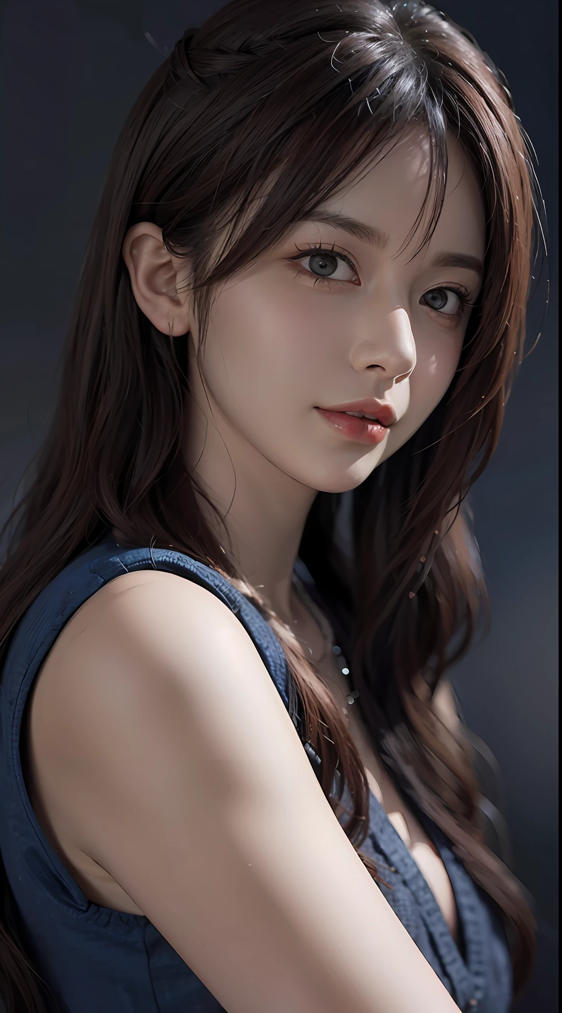 (Front Focus)、(in the darkness nigth:1.6)、Surreal female portrait、Fantasyart、photorealisim、动态照明、ArtStation、poster for、Volumetric Lighting、extra detailed face、4 K、panthyhose、shortpants、1girl in、in the darkness nigth、deep-shadows、length hair、A dark-haired、