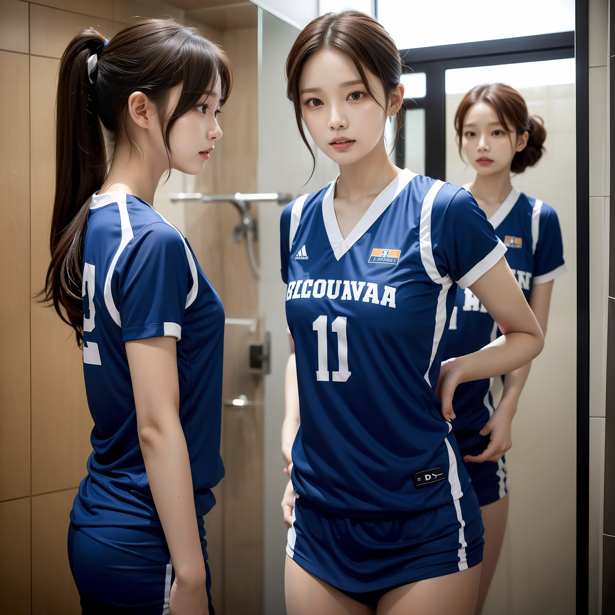 there is a woman standing in a bathroom with a blue shirt, wearing a volleyball jersey, wearing basketball jersey, taejune kim, seseon yoon, shin min jeong, jinyoung shin, heonhwa choe, kim hyun joo, jaeyeon nam, kimi takemura, ulzzang, ji-min, jiyun chae, eiko ishioka