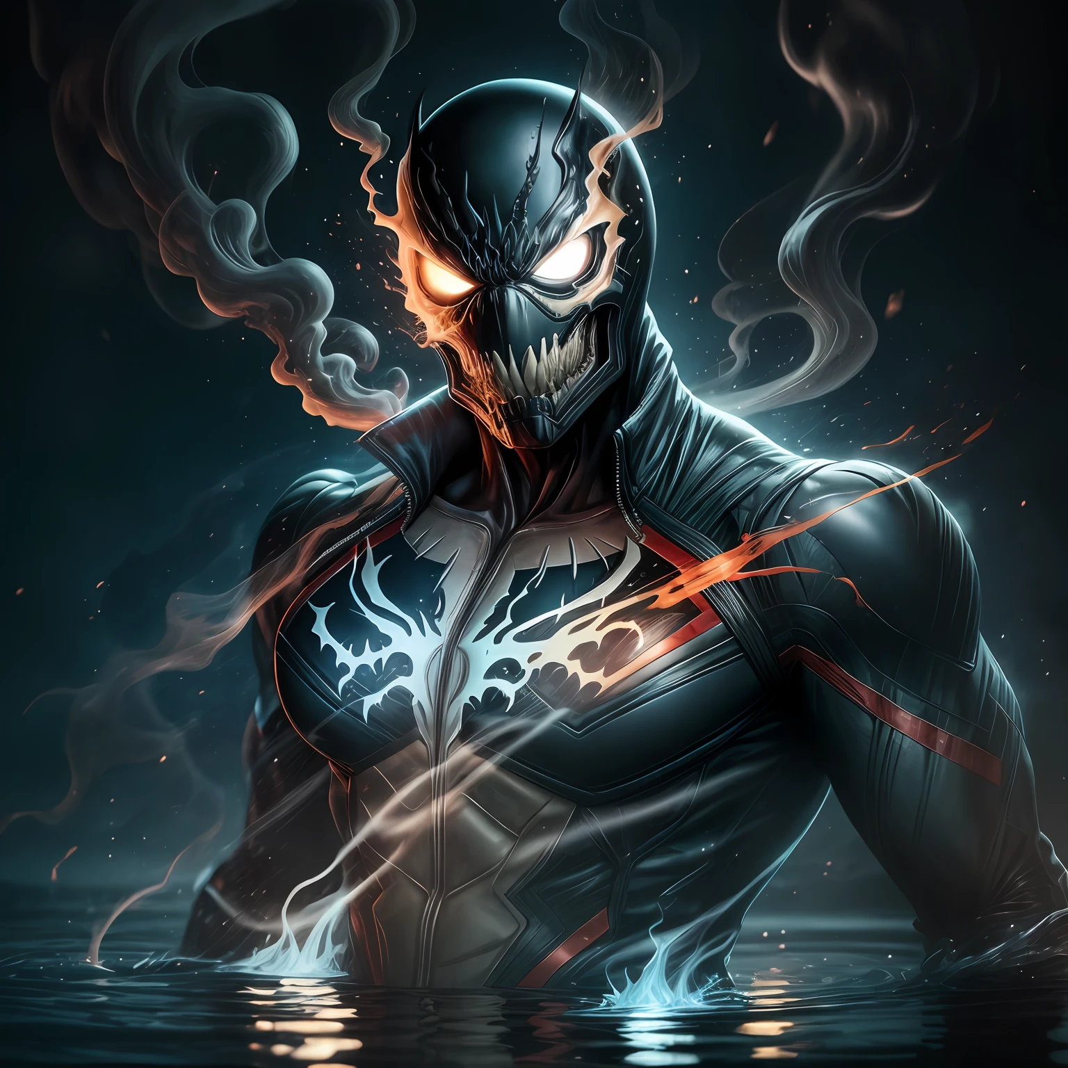 close up, Venom Ghost Rider from Marvel Comics, Ghost, Dark, gotik, 3d, Ultra Detailed, blue transparent smoke around, realistic style, Old Night Pond, full - body,