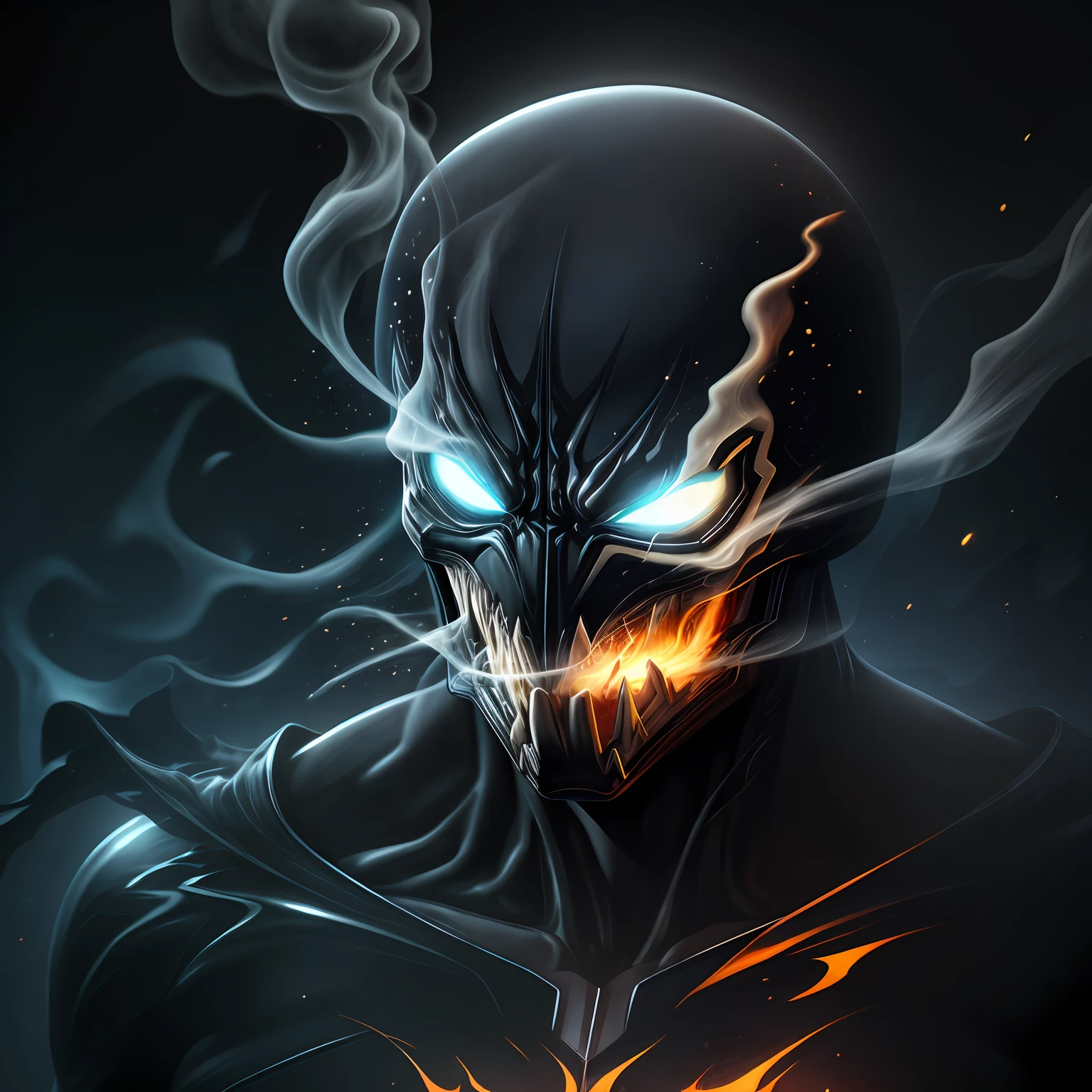 close up, Venom Ghost Rider from Marvel Comics, Ghost, Dark, gotik, 3d, Ultra Detailed, blue transparent smoke around, realistic style, Old Night Pond, full - body,