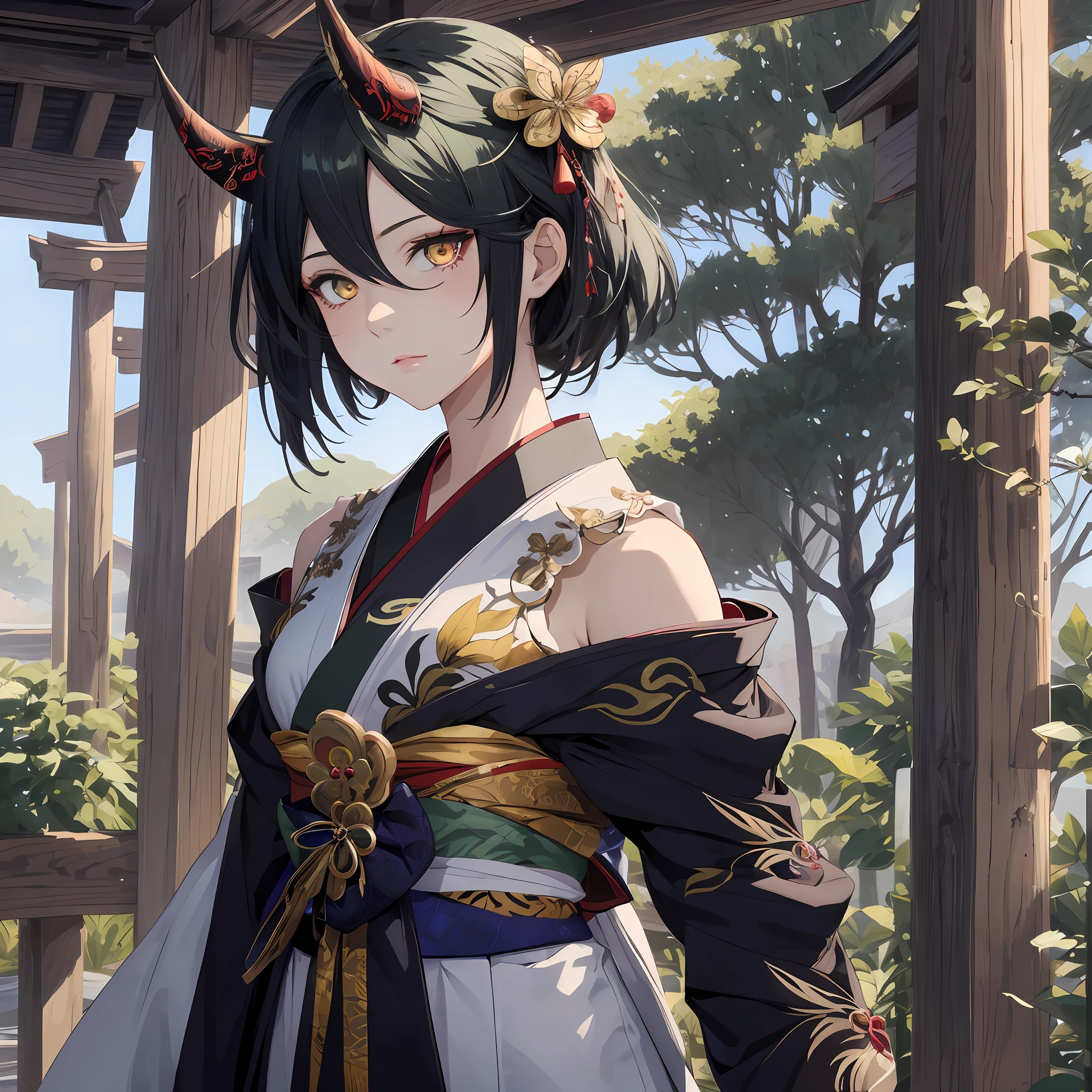 masterpiece, best quality, 1girl, teenager, female focus, solo, black greenish hair, long hair, vibrant yellow eyes, looking at viewer, closed mouth, Fantasy aesthetics, Highly detailed, shadowverse style, japanese attire, shrine maiden, red eye make up