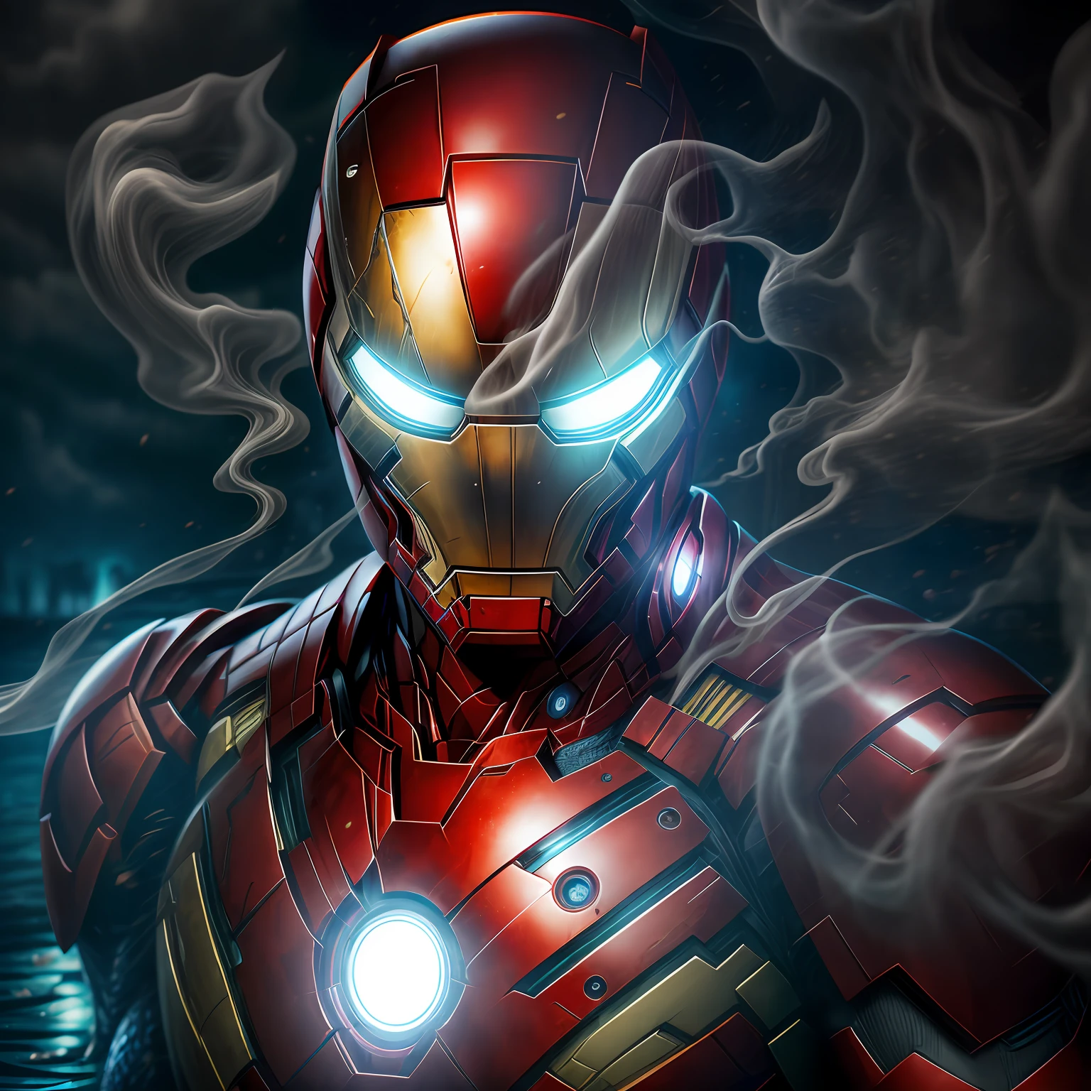 close up, Venom Iron Man from Marvel Comics, Ghost, Dark, gotik, 3d, Ultra Detailed, blue transparent smoke around, realistic style, Old Night Pond, full - body,