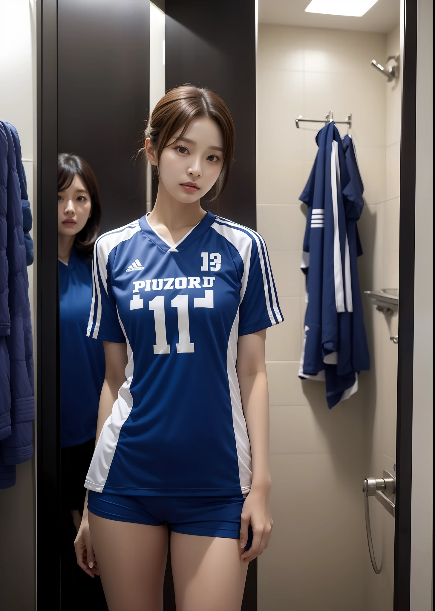 there is a woman standing in a bathroom with a blue shirt, wearing a volleyball jersey, wearing basketball jersey, taejune kim, seseon yoon, shin min jeong, jinyoung shin, heonhwa choe, kim hyun joo, jaeyeon nam, kimi takemura, ulzzang, ji-min, jiyun chae, eiko ishioka