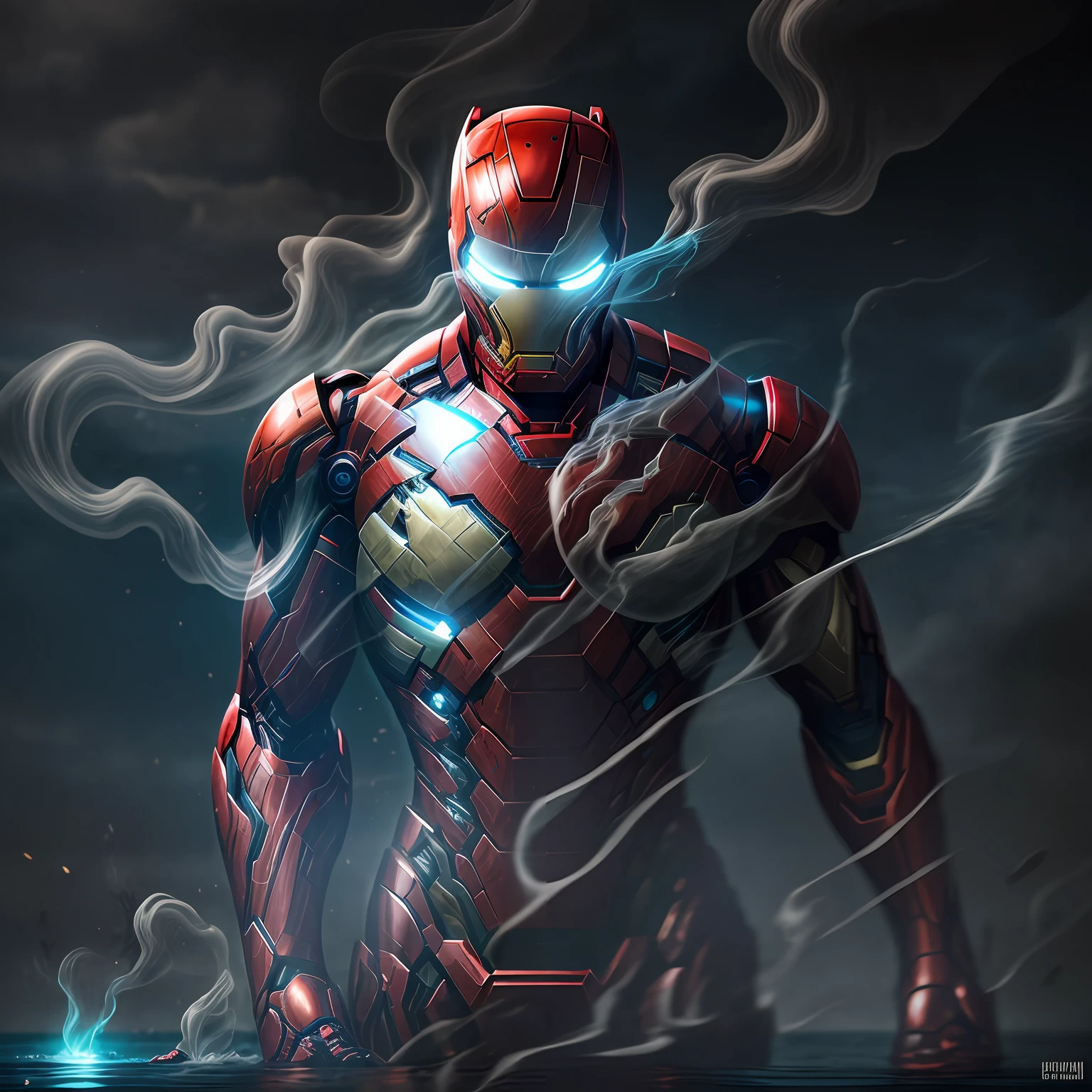 close up, Venom Iron Man from Marvel Comics, Ghost, Dark, gotik, 3d, Ultra Detailed, blue transparent smoke around, realistic style, Old Night Pond, full - body,