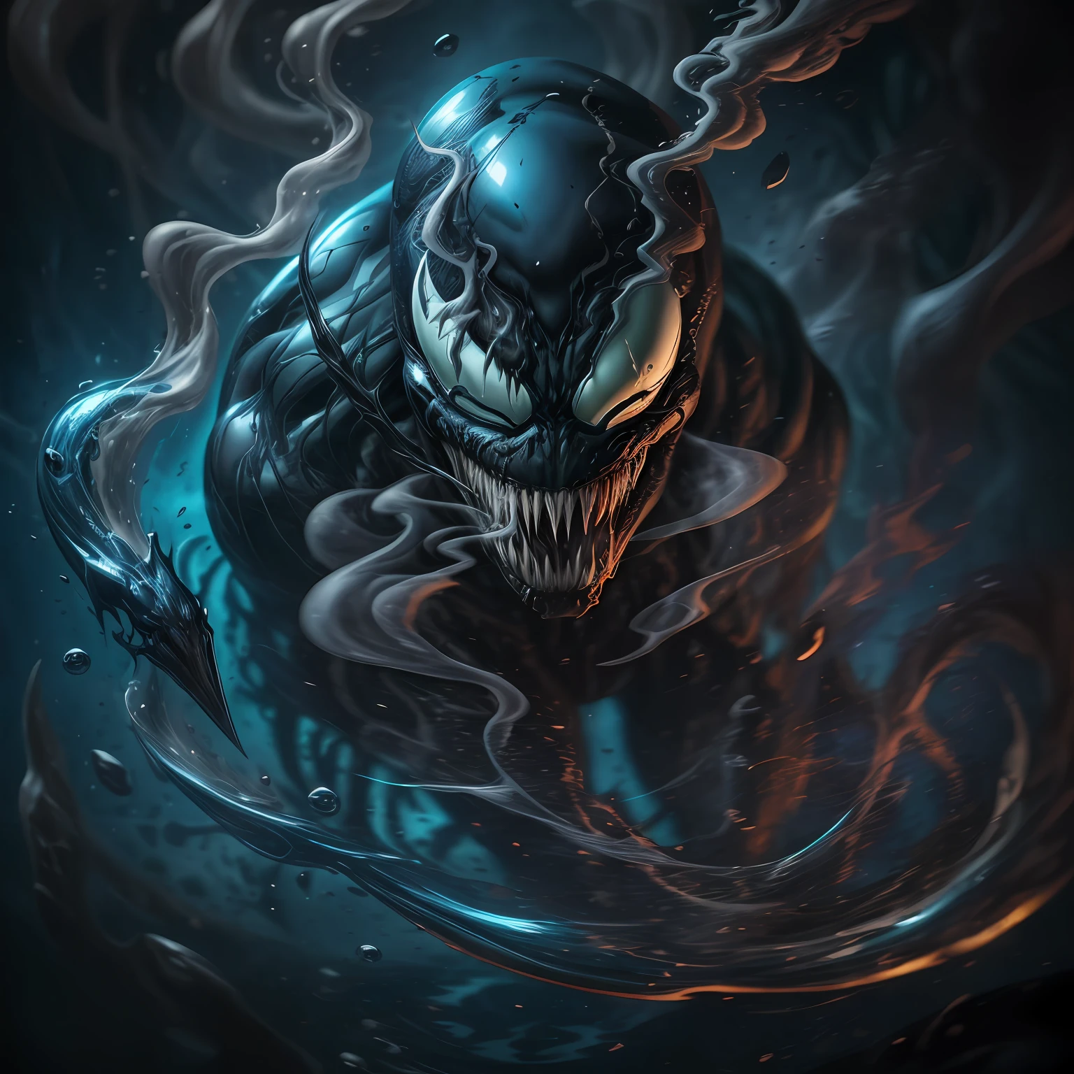 close up, Venom Локи из Marvel Comics, Ghost, Dark, gotik, 3d, Ultra Detailed, blue transparent smoke around, realistic style, Old Night Pond, full - body,