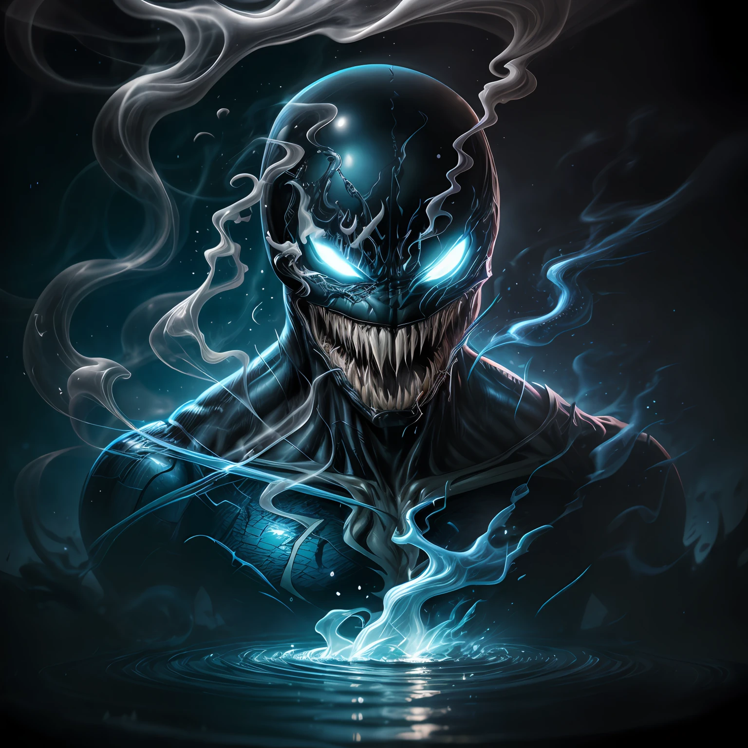 close up, Venom Локи из Marvel Comics, Ghost, Dark, gotik, 3d, Ultra Detailed, blue transparent smoke around, realistic style, Old Night Pond, full - body,