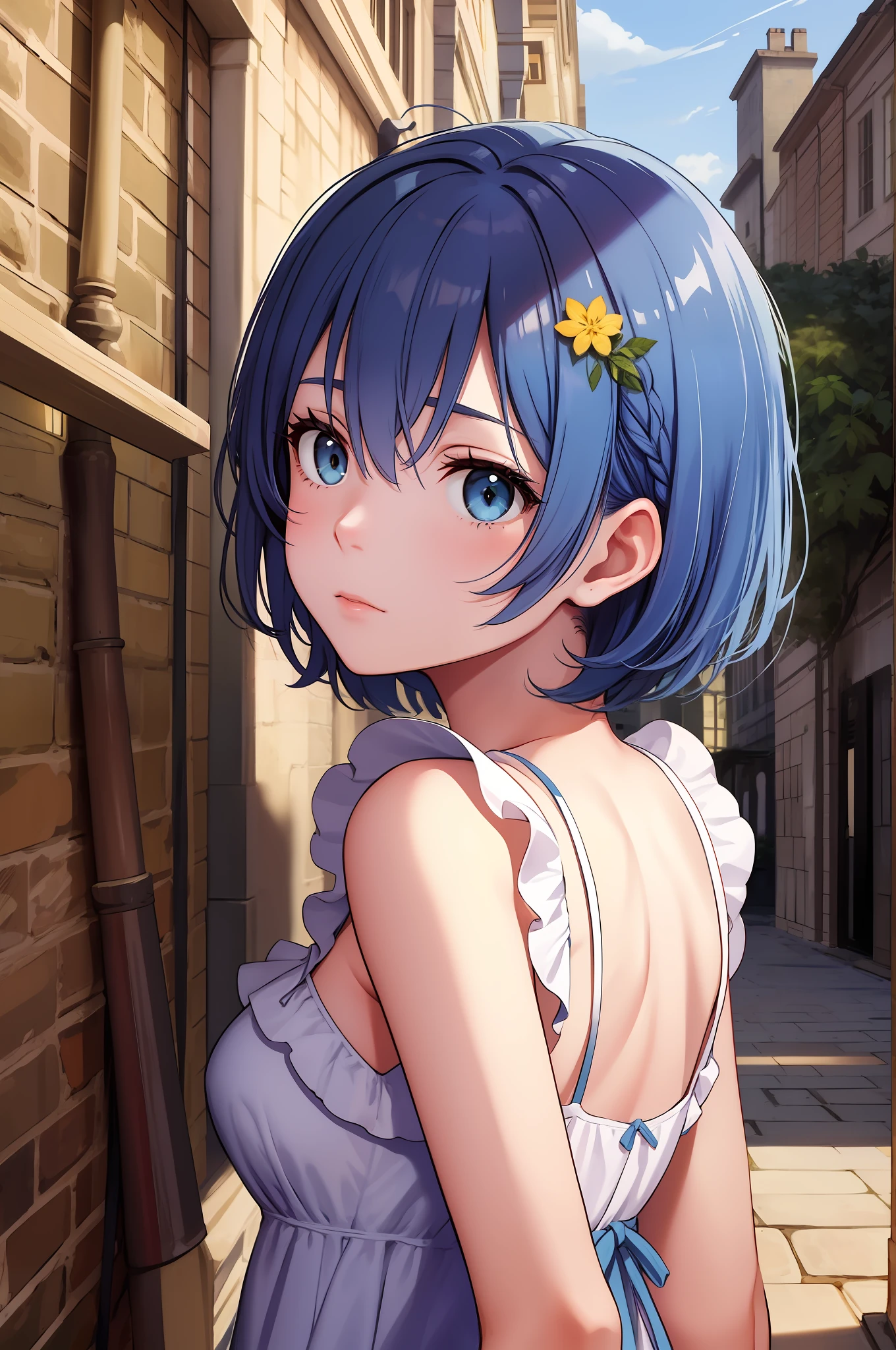 masterpiece, best quality, absurdres, perfect anatomy, 1girl, solo, blue eyes, short hair blue hair, from behind, sundress, yellow sundress, garden, night sad girl