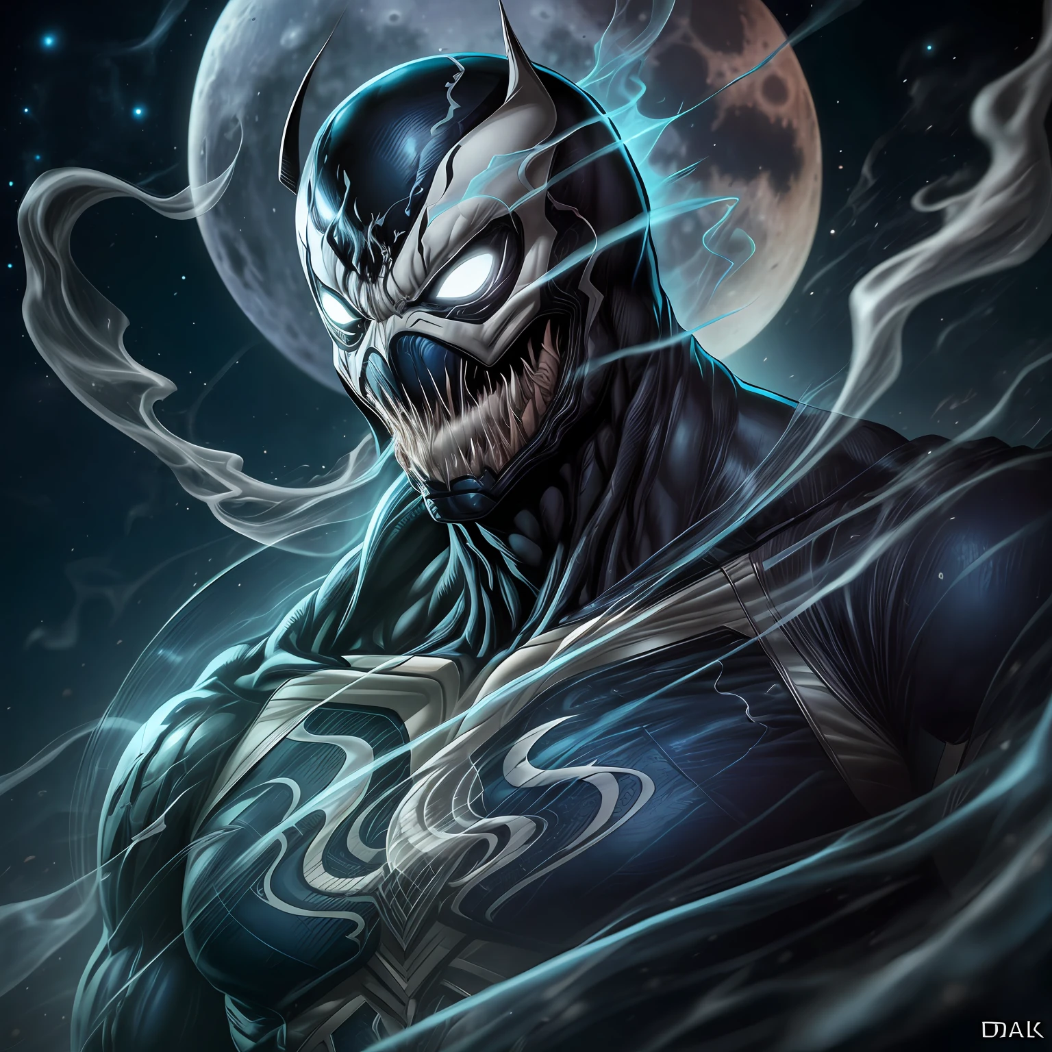 close up, Venom Moon Knight from Marvel Comics, Ghost, Dark, gotik, 3d, Ultra Detailed, blue transparent smoke around, realistic style, Old Night Pond, full - body,
