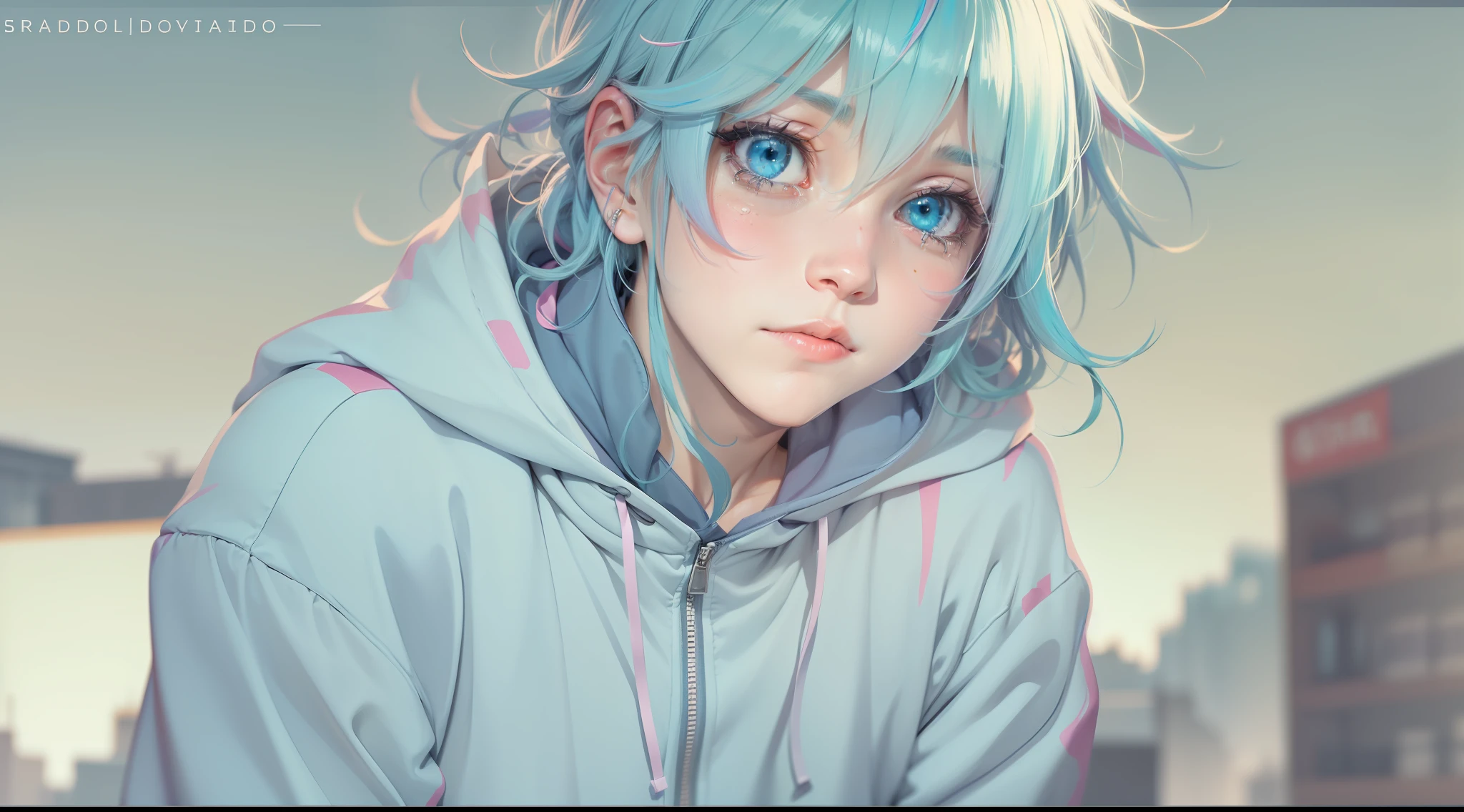 Libido boy, Sweatshirt, streaked hair, light blue hair, ahoge, gradient eyes, tearing up, modern, anime, masterpiece, best quality