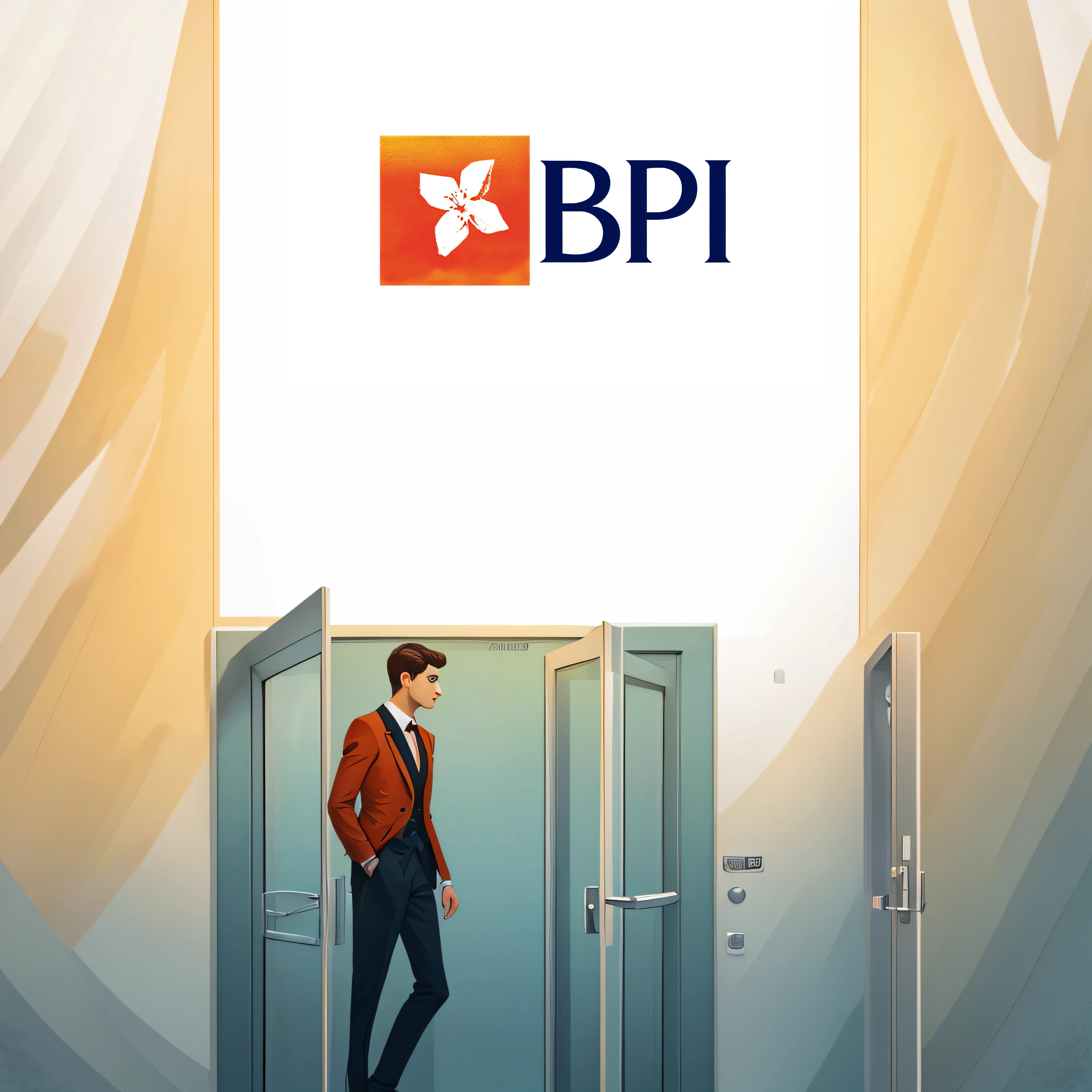 movie scene:[In europe, year 2030, in front of the glass access door to a branch of a modern bank,
[1 Doorman checking entrances], [in orange uniform], neatly combed
[3 very elegant customers making the entrance], wear elegant clothes in different colors],[trendy clothes for 2030], highly detailed illustration.", vehicle illustration, cartoon style illustration, cartoon style, HD illustration, ultra detailed illustration, vector illustration, highly detailed hyper real, highly detailed illustration, high detail illustration, retro illustration, highly detailed cartoon, artistic illustration, highly detailed vector art, a beautiful art illustration