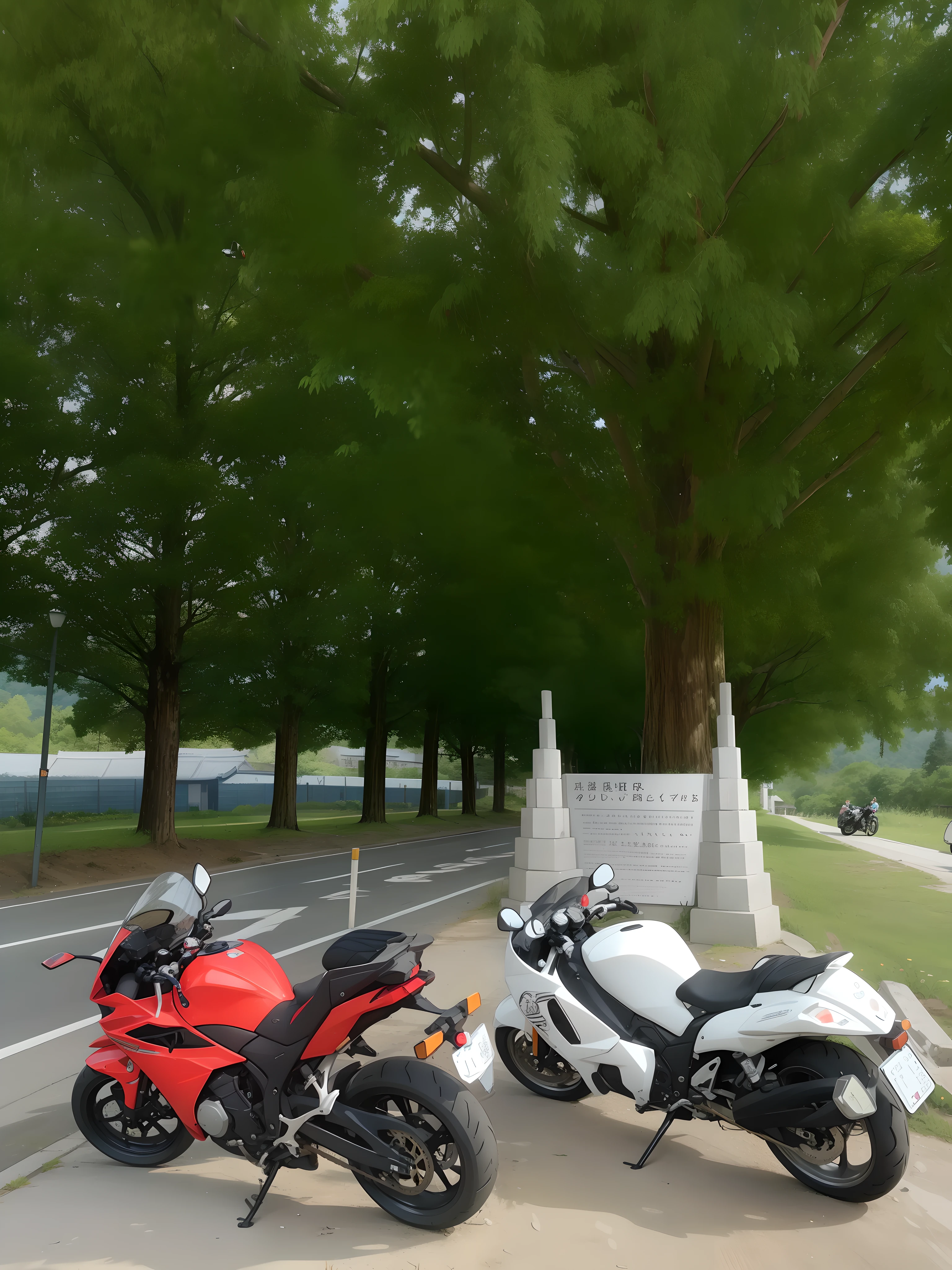 Motorcycle parked next to each other on paved road, The tree々Against the background of, In Karuizawa, touring, taken with sony a7r camera, one motorbike in center of frame, taken with sony alpha 9, with matsu pine trees, captured with sony a3 camera, giant cherry trees, aomori japan, near a japanese shrine