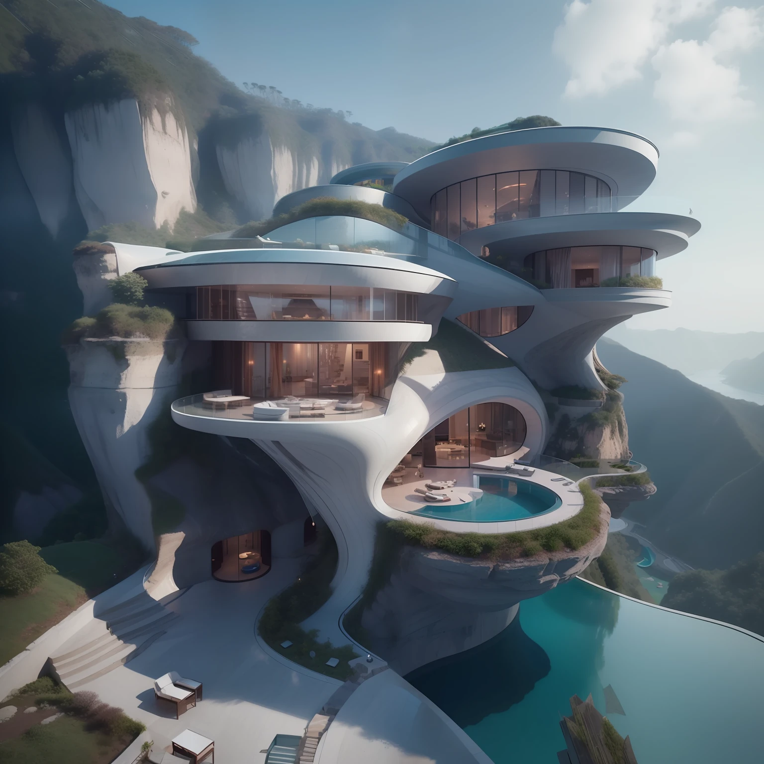 a modern futuristic design large cliff House's with a artificial waterfall and a pool in the middle, nature meets architecture, built around blue ocean, realistic beehive architecture, organic architecture, very close to real nature, breathtaking render, island with cave, stunning architecture, luxury architecture, realistic fantasy render, by Zha Shibiao, epic and stunning, architectural visualization, epic architecture, concept art. 8 k