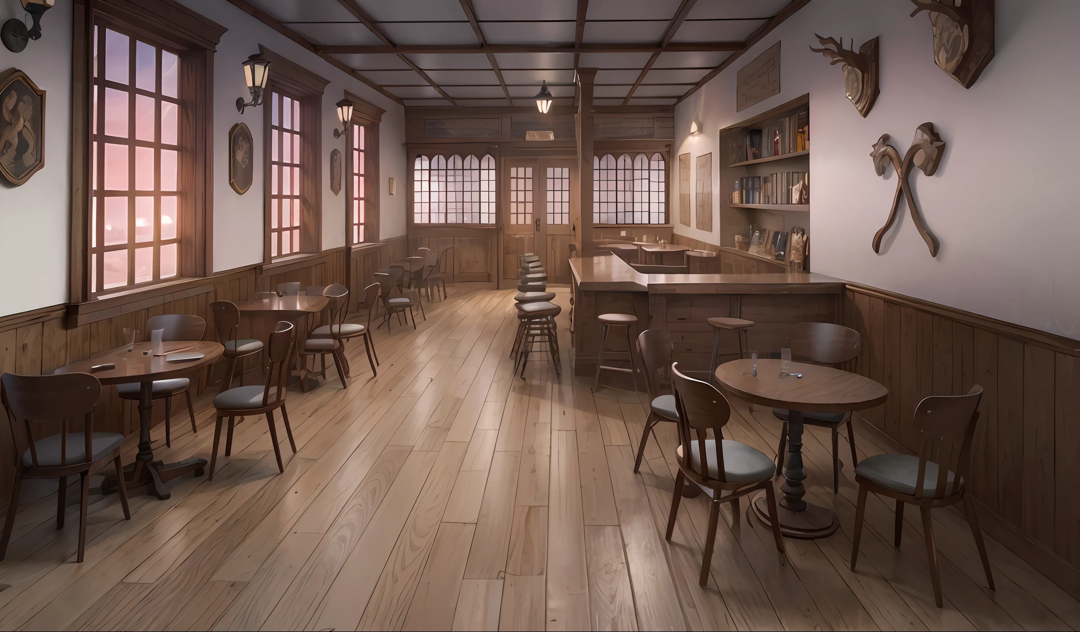 Harry Potter's Magic Classroom，Ancient and mysterious，photorealestic，high-class，Lots of tables and chairs