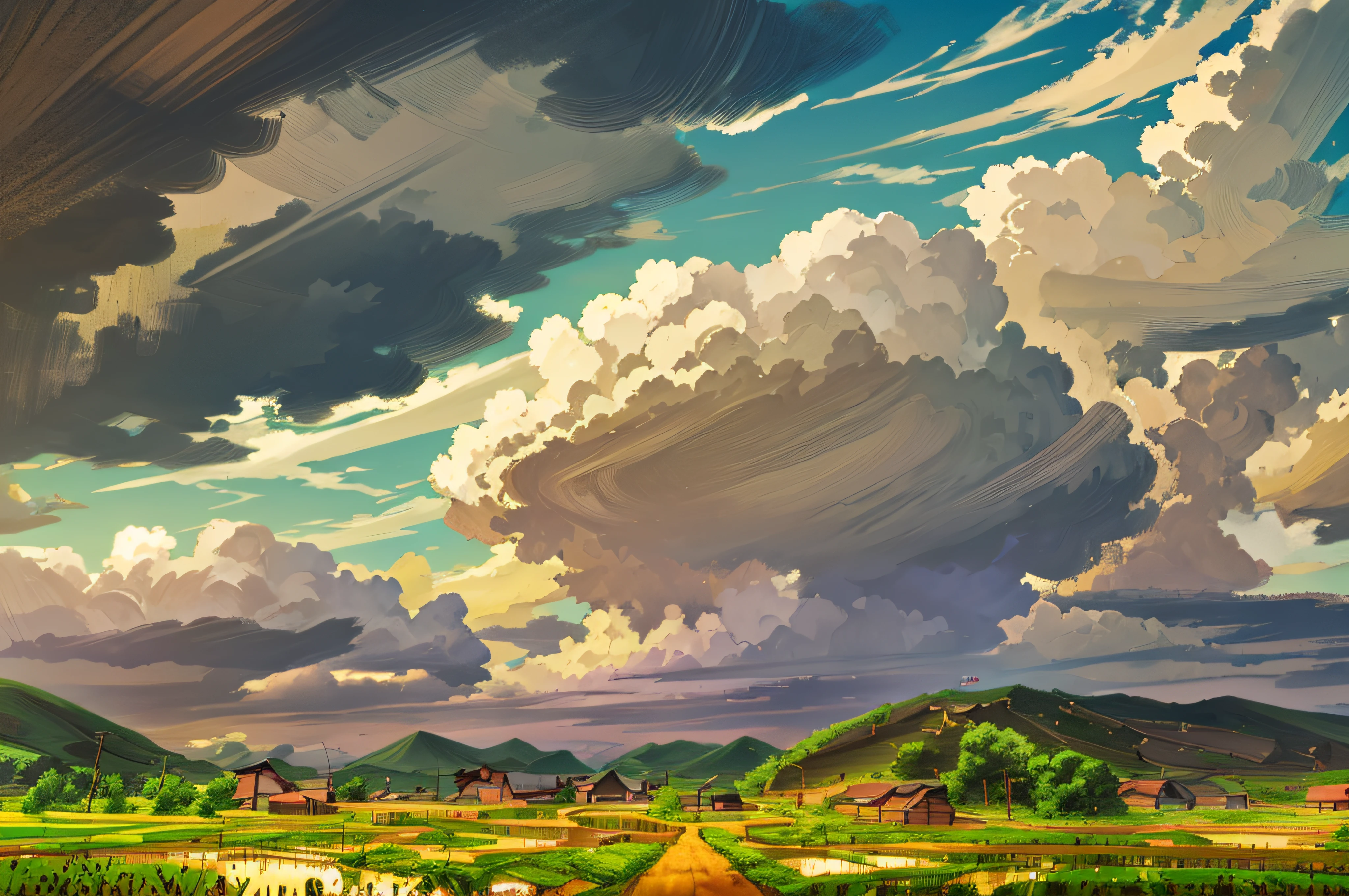 There is a dirt road leading to the steppe, wide view of a farm, rice paddy, Fields with clouds on the background, Wide-angle landscape, Wide-angle landscape photography, nature and clouds in background, Distant villages, Green field in the background, Landscape Wide Shot, countryside in japan, village in the background, countryside view
